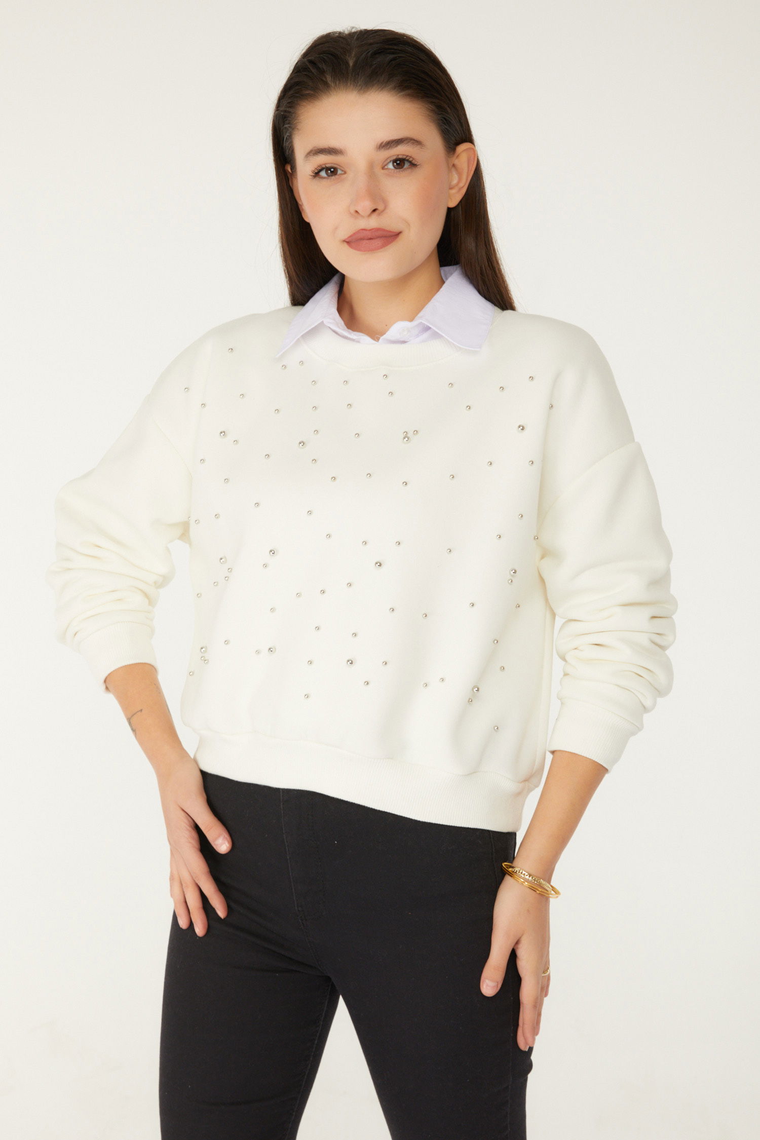Boncuklu Sweatshirt Beyaz - 26541 - 4