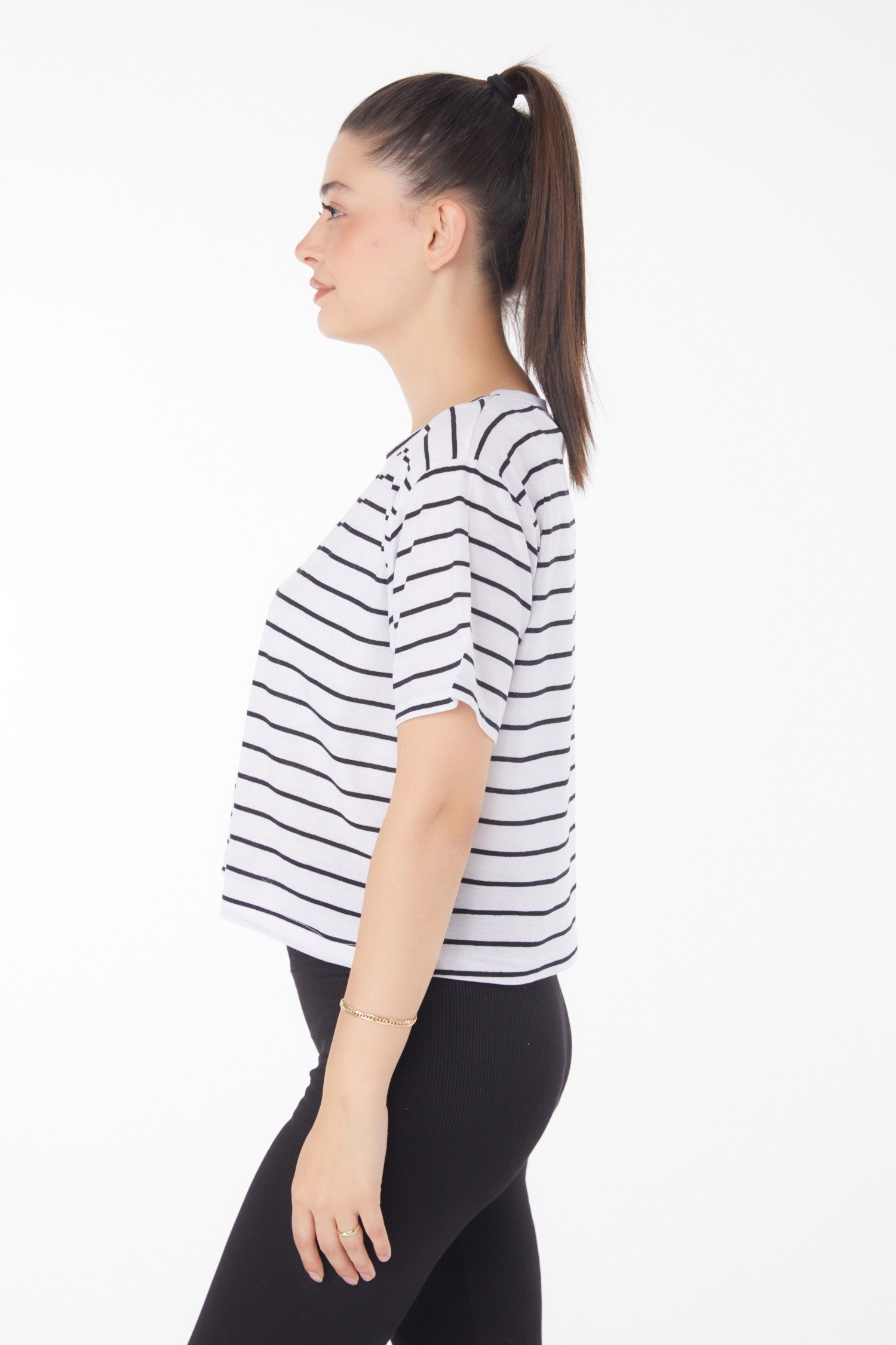 Düz Bisiklet Yaka Kadın Beyaz Çizgili Kısa Kollu Crop - 25842 - 4