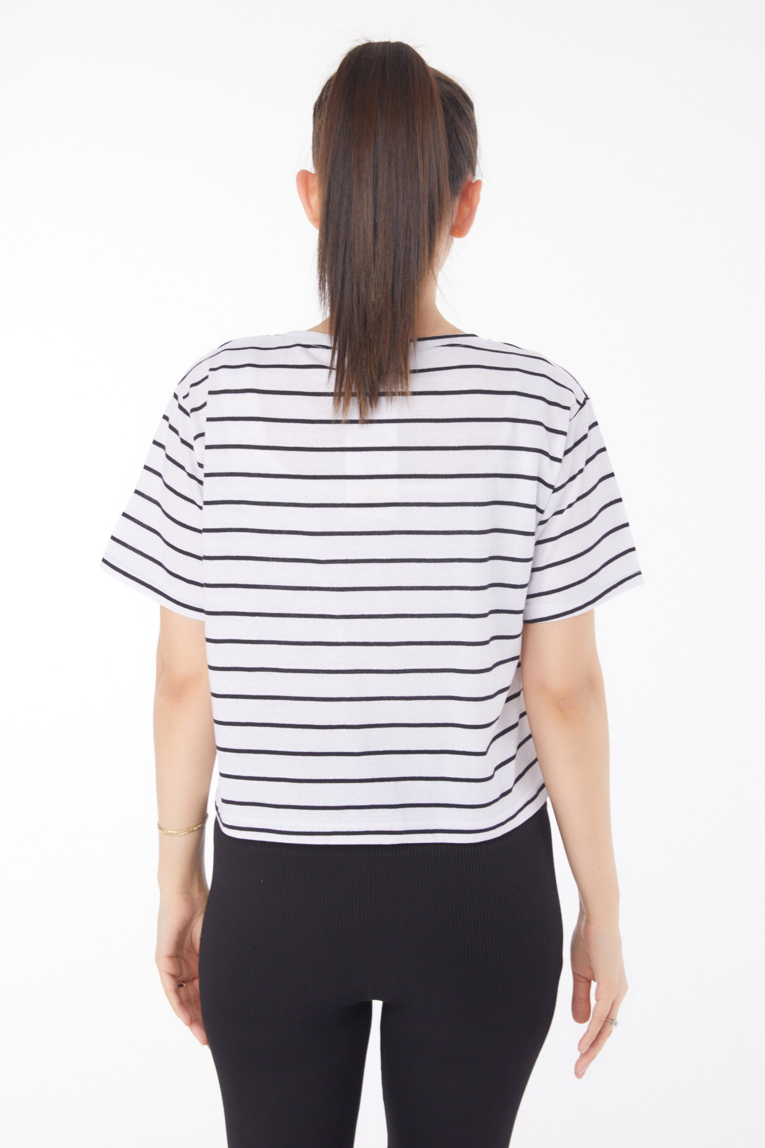 Düz Bisiklet Yaka Kadın Beyaz Çizgili Kısa Kollu Crop - 25842 - 5