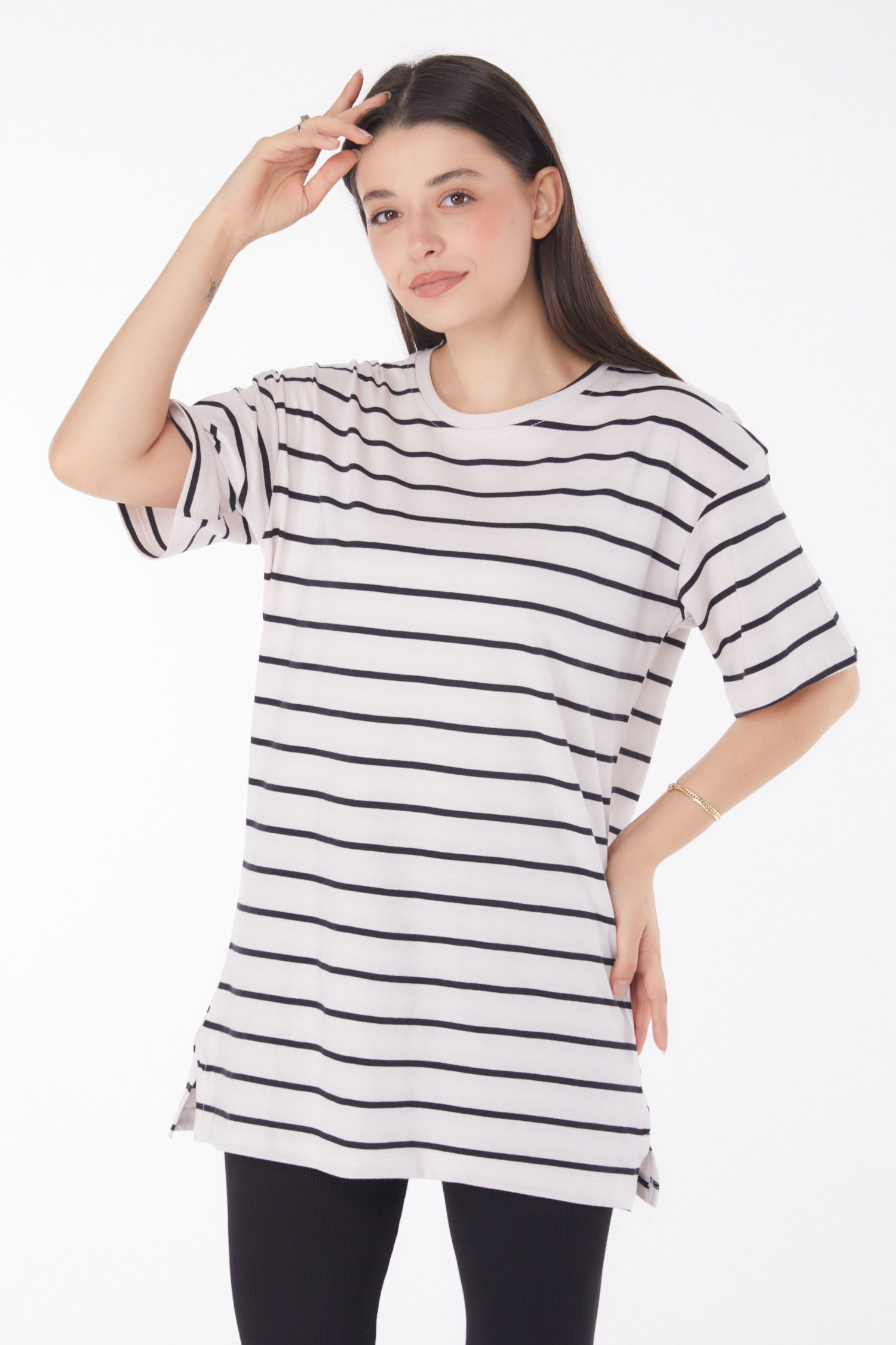 Çizgili Kısa Kollu T-shirt Beyaz - 25764 - 1