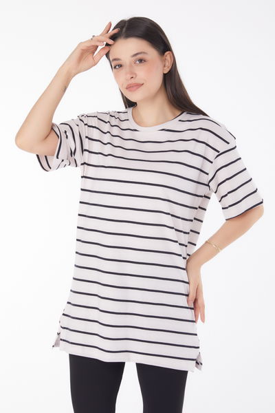 Çizgili Kısa Kollu T-shirt Beyaz - 25764 