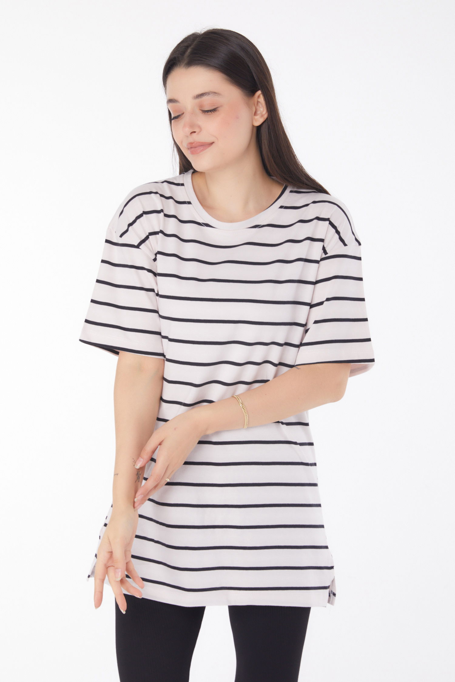 Çizgili Kısa Kollu T-shirt Beyaz - 25764 - 2