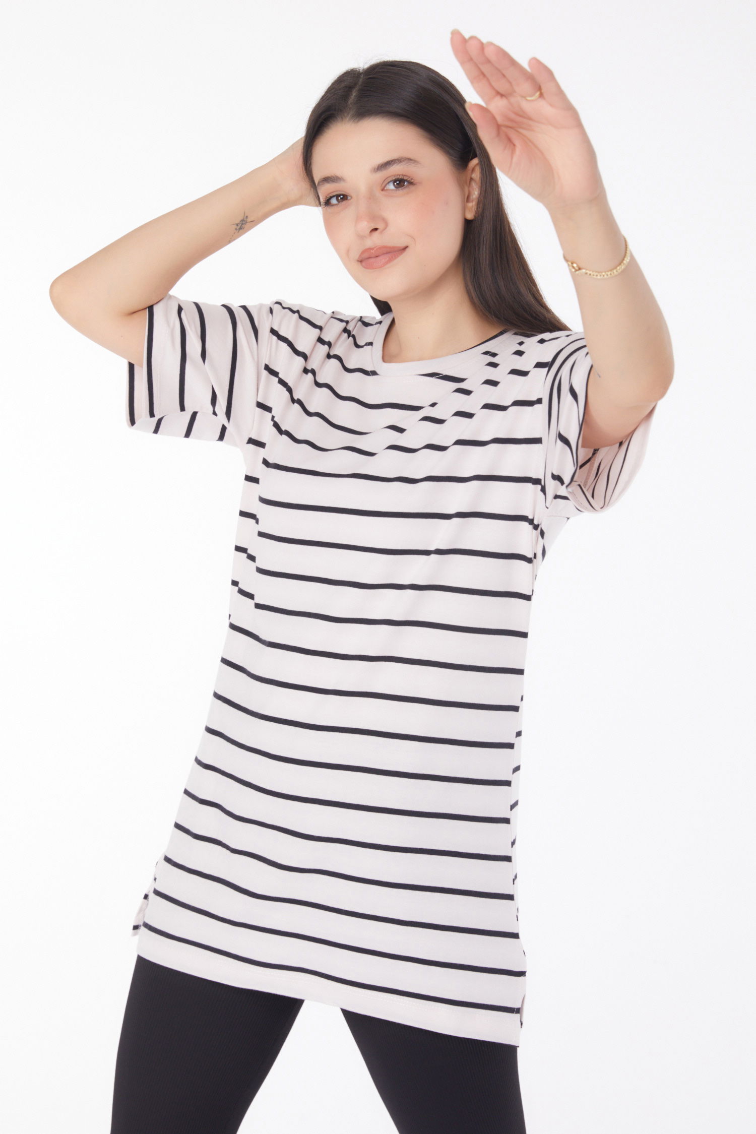 Çizgili Kısa Kollu T-shirt Beyaz - 25764 - 3