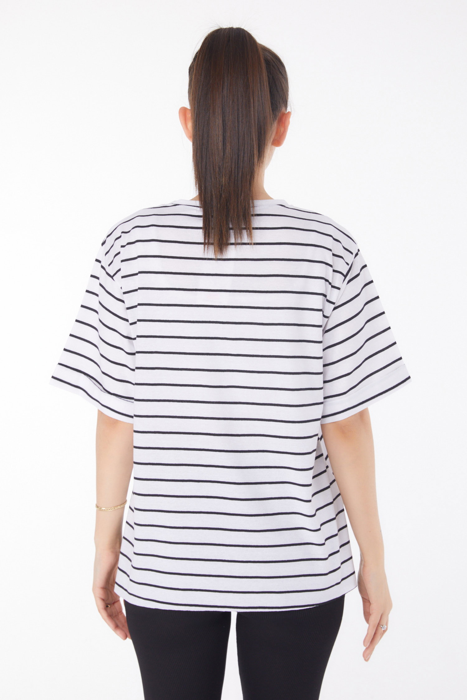 Düz Bisiklet Yaka Kadın Beyaz Çizgili Kısa Kollu T-shirt - 25840 - 5