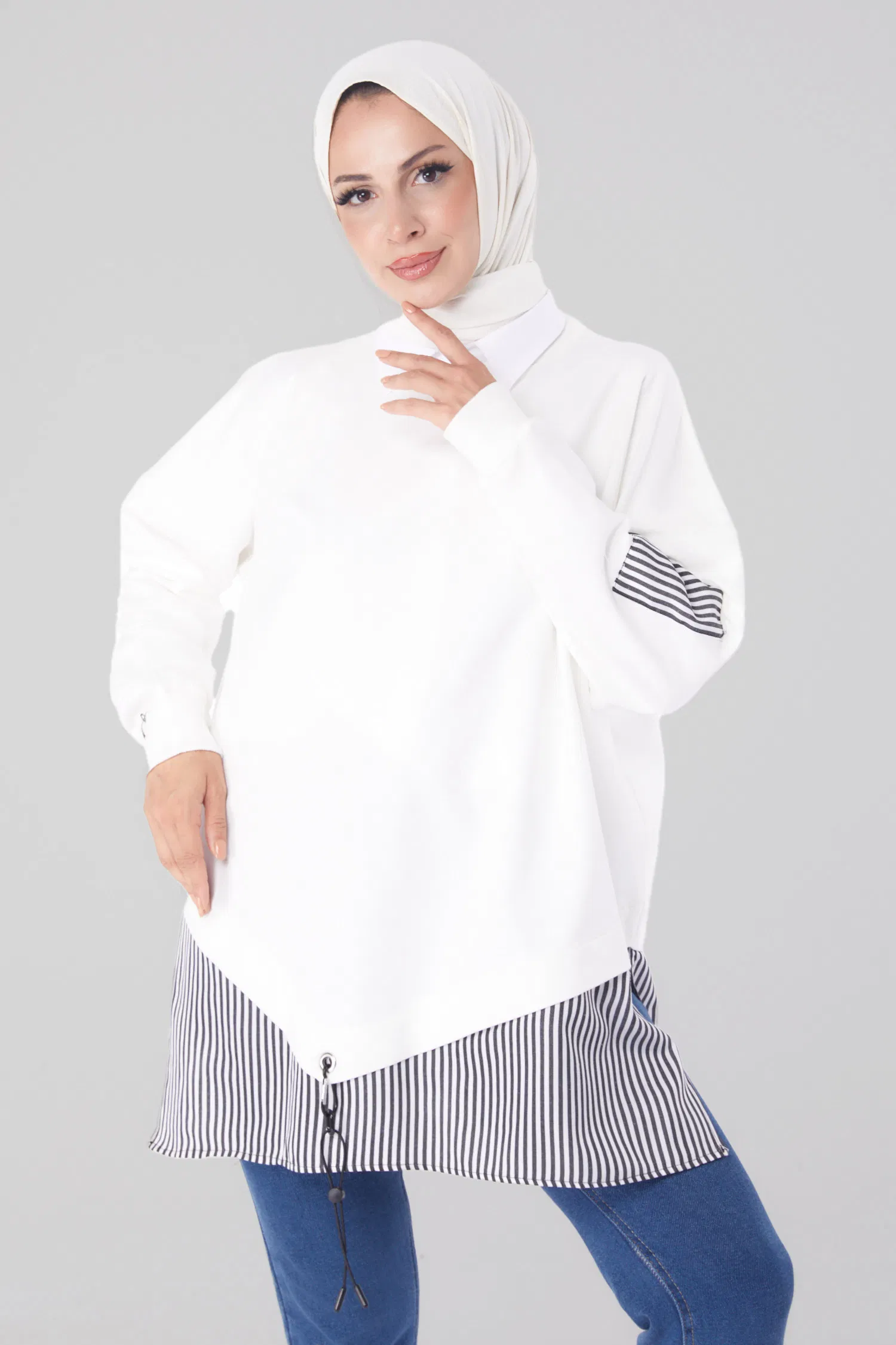 Çizgili Sweat Beyaz - 26222 - 1