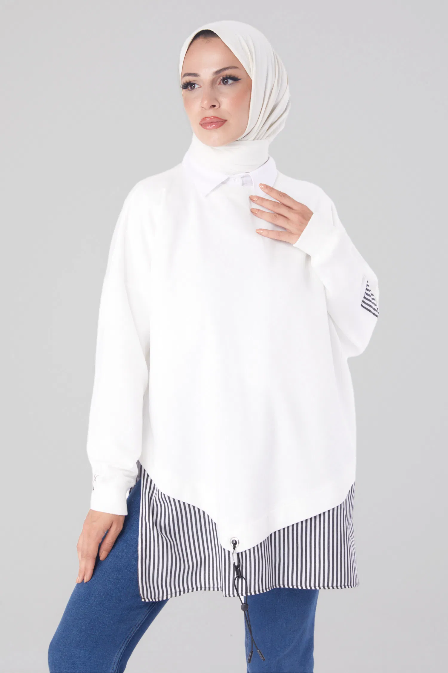 Çizgili Sweat Beyaz - 26222 - 2