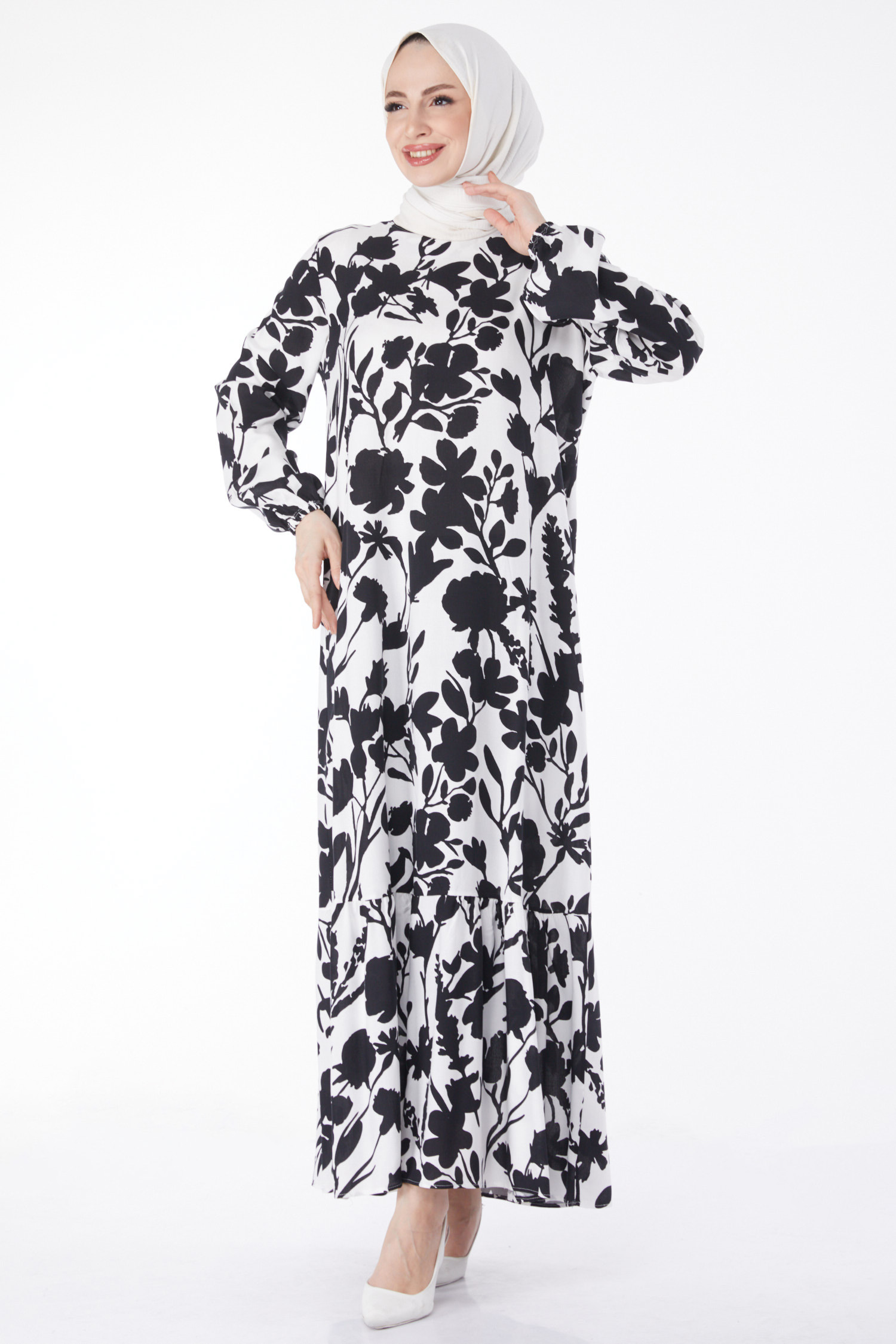 Desenli Renkli Elbise Beyaz - 24986 - 1