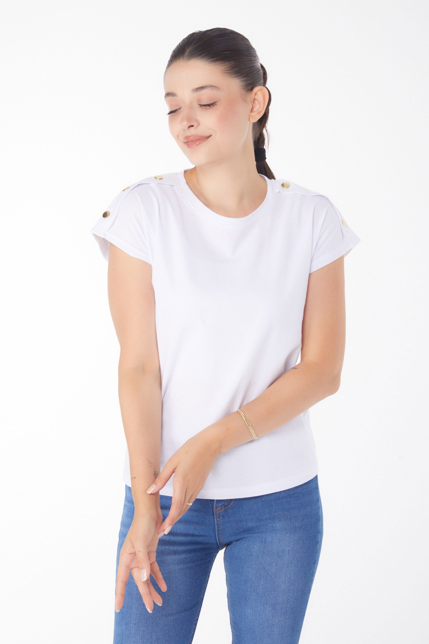 Düğme Detaylı T-Şhirt Beyaz - 25950 - 1