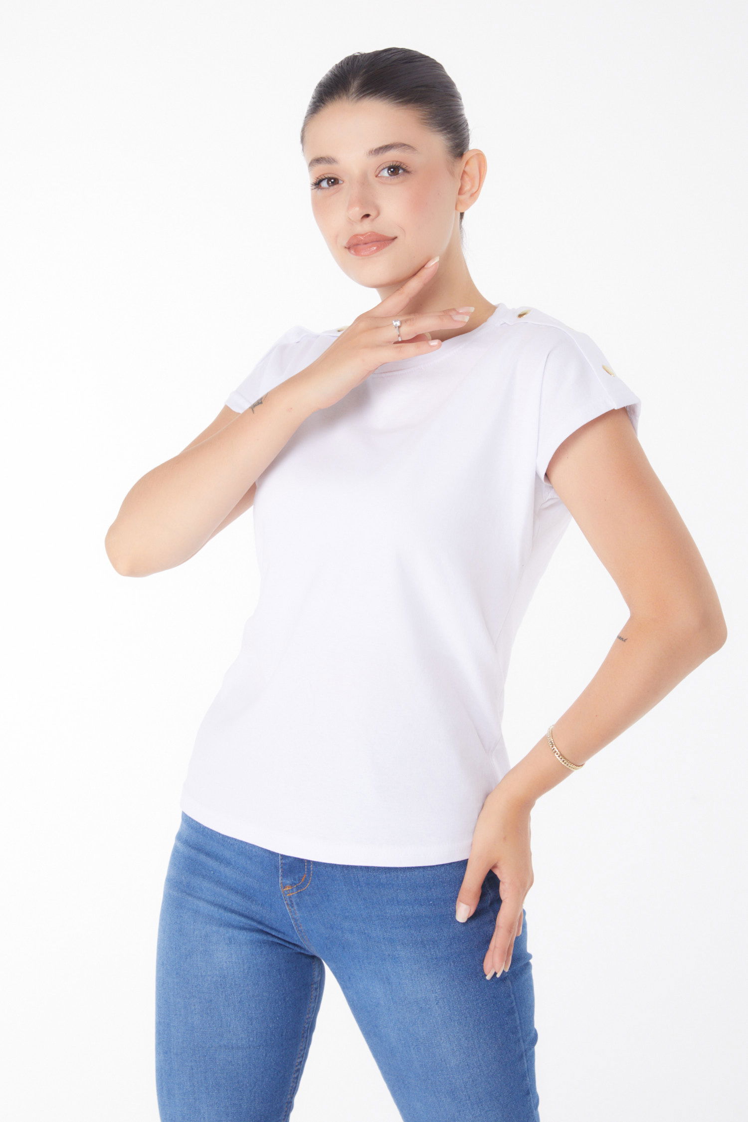 Düğme Detaylı T-Şhirt Beyaz - 25950 - 3