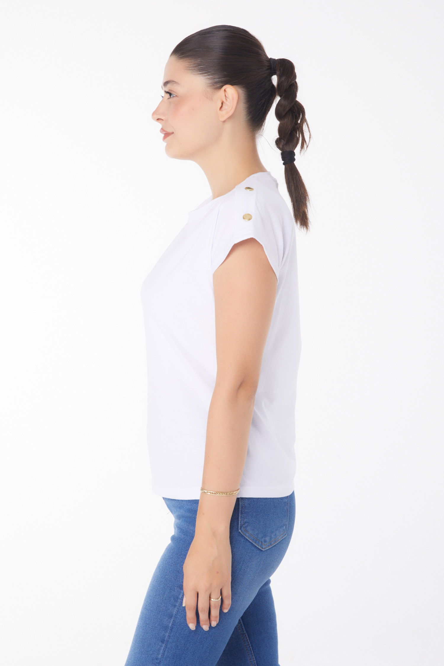 Düğme Detaylı T-Şhirt Beyaz - 25950 - 4