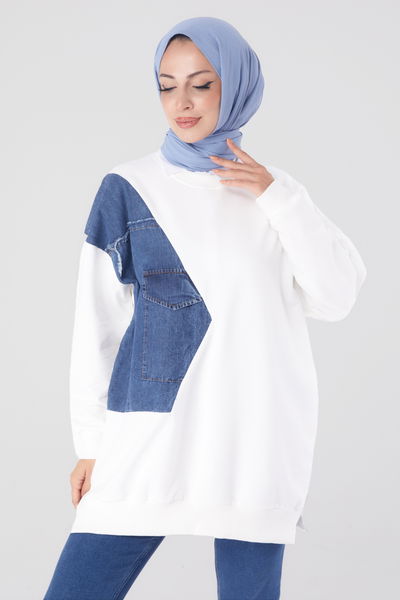 Düz Bisiklet Yaka Kadın Beyaz Garnili Sweat - 26224 