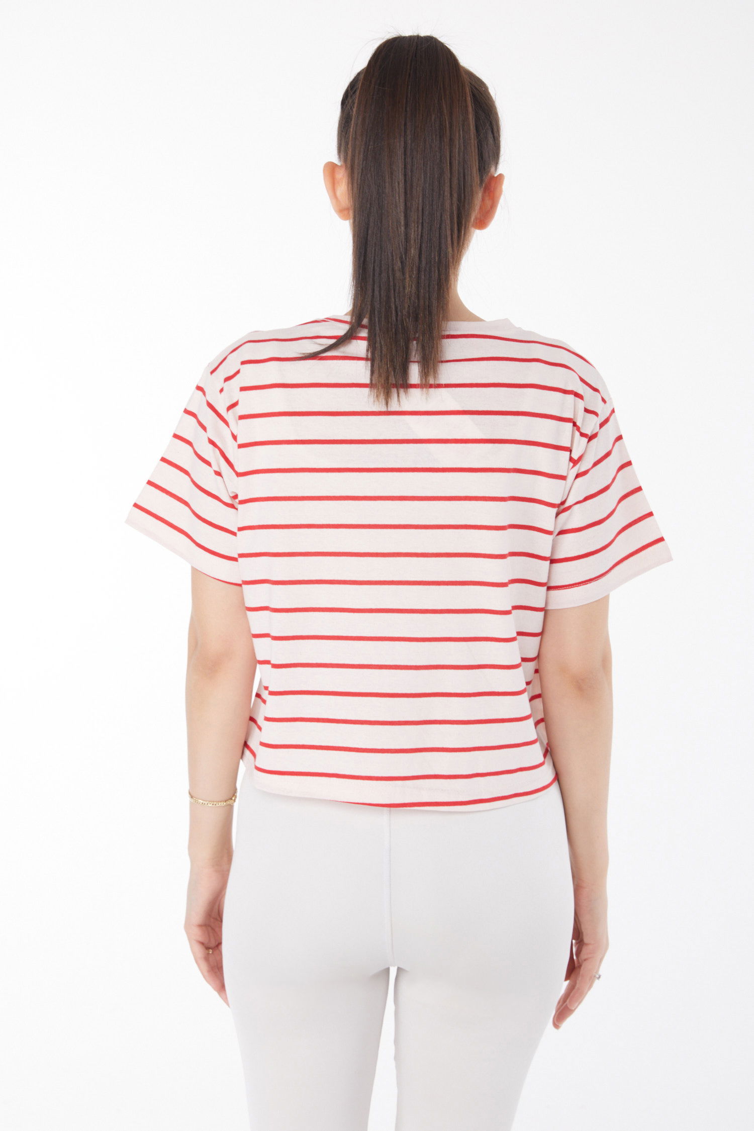 Çizgili Kısa Kollu Crop Beyaz Kirmizi - 25842 - 5