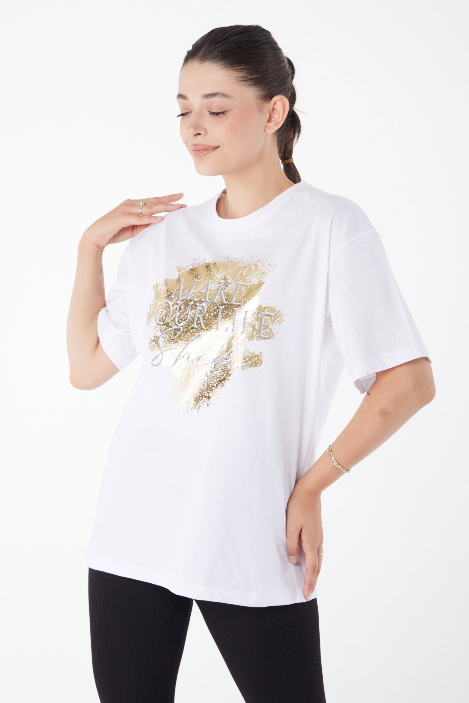 Düz Bisiklet Yaka Kadın Beyaz Kısa Kollu Baskılı T-shirt - 25980 - 2