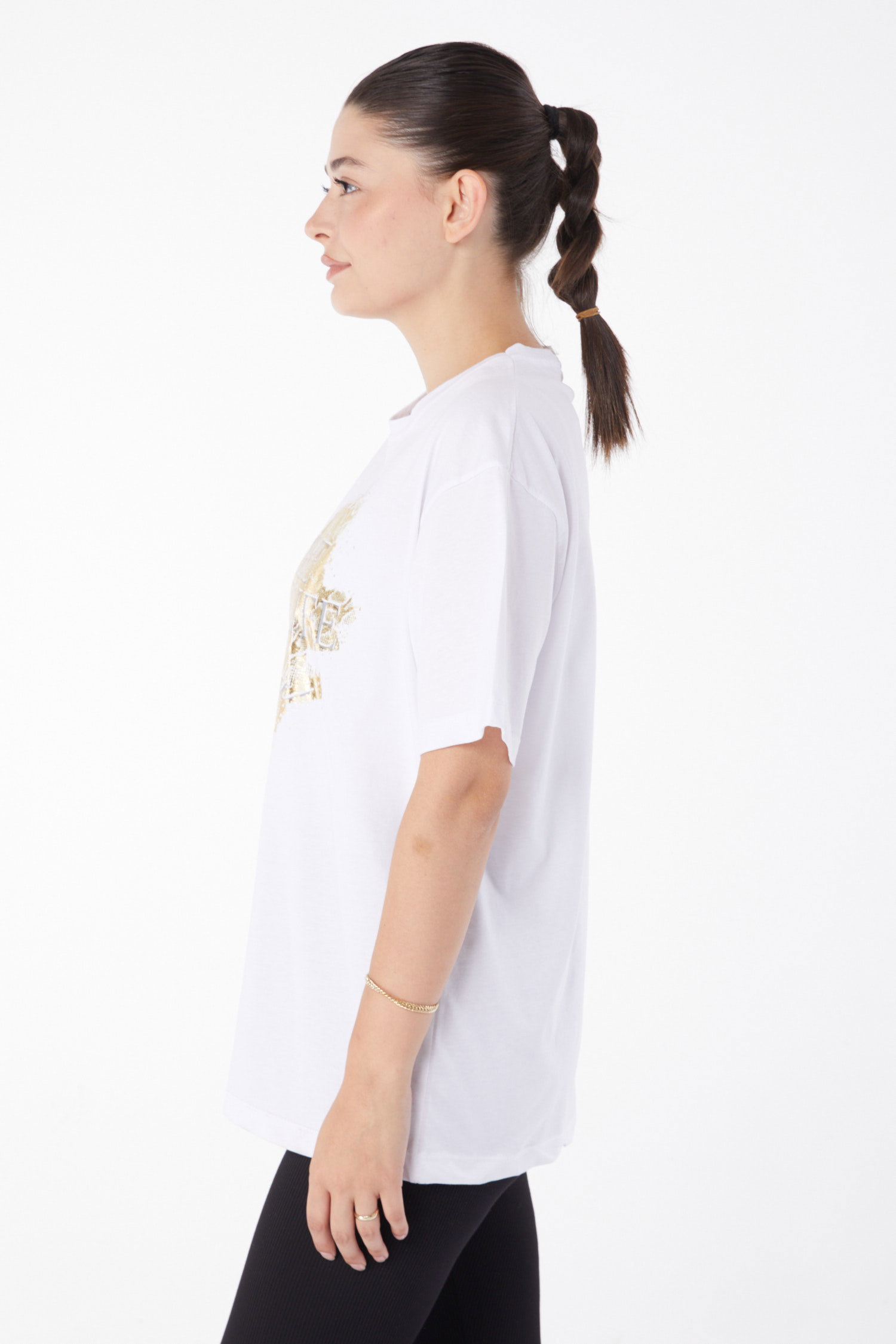 Düz Bisiklet Yaka Kadın Beyaz Kısa Kollu Baskılı T-shirt - 25980 - 3