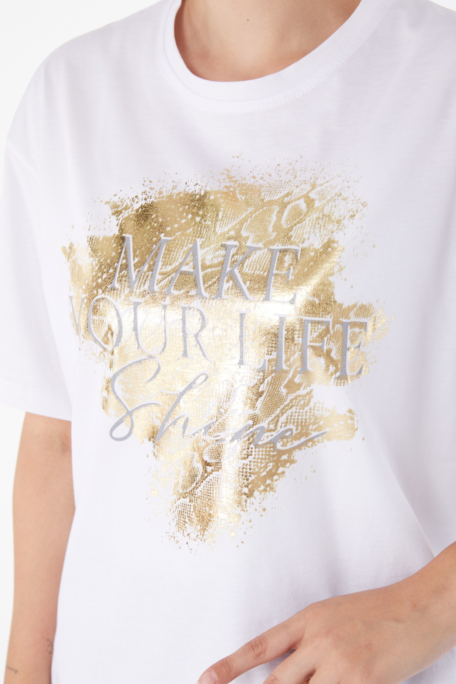 Düz Bisiklet Yaka Kadın Beyaz Kısa Kollu Baskılı T-shirt - 25980 - 5