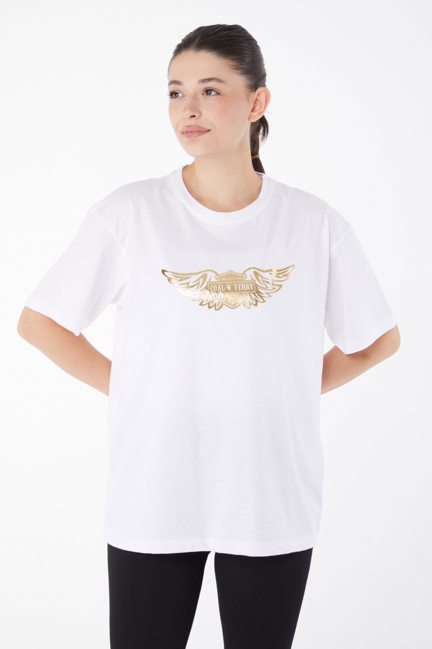 Düz Bisiklet Yaka Kadın Beyaz Kısa Kollu Baskılı T-shirt - 25981 - 1