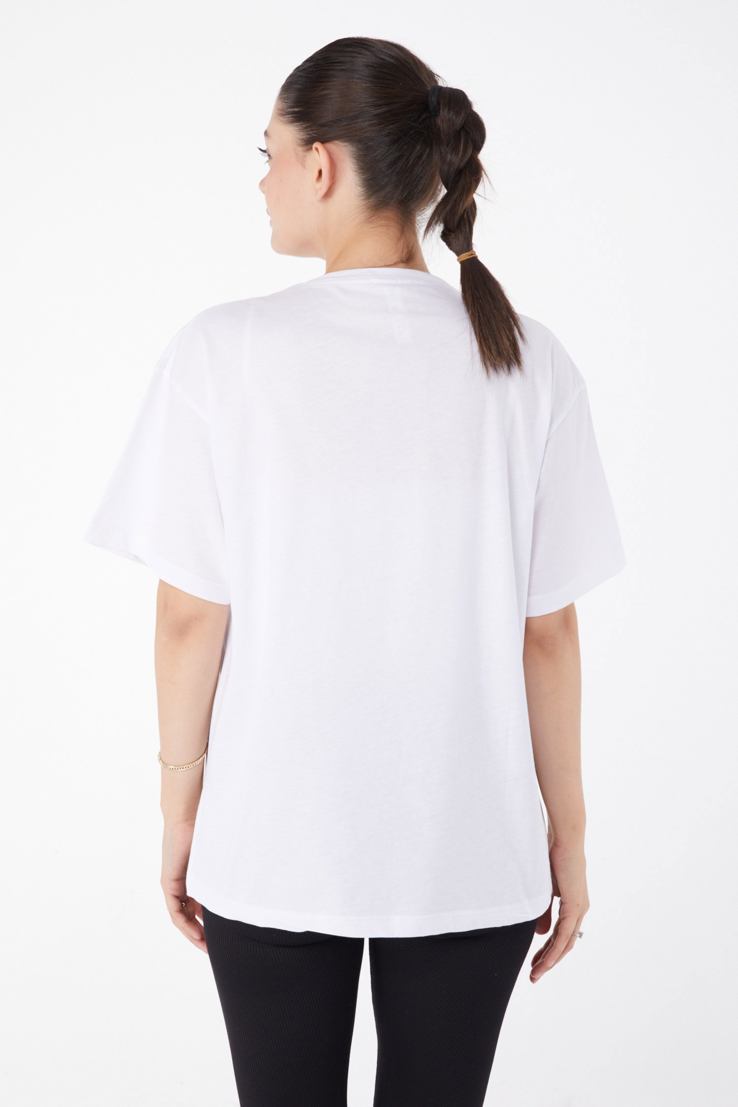 Düz Bisiklet Yaka Kadın Beyaz Kısa Kollu Baskılı T-shirt - 25981 - 4