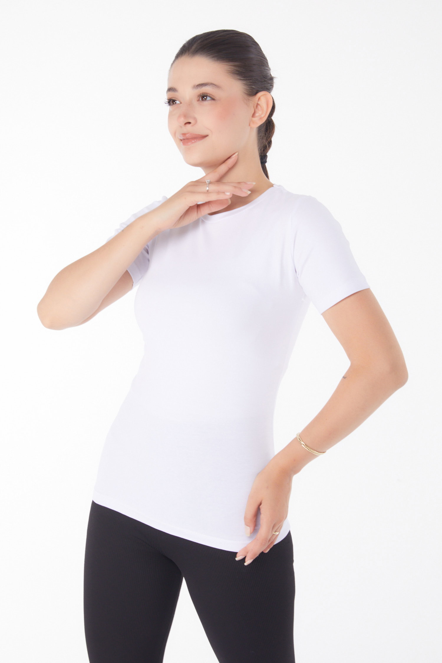 Düz Bisiklet Yaka Kadın Beyaz Kısa Kollu T-shirt - 25768 - 3