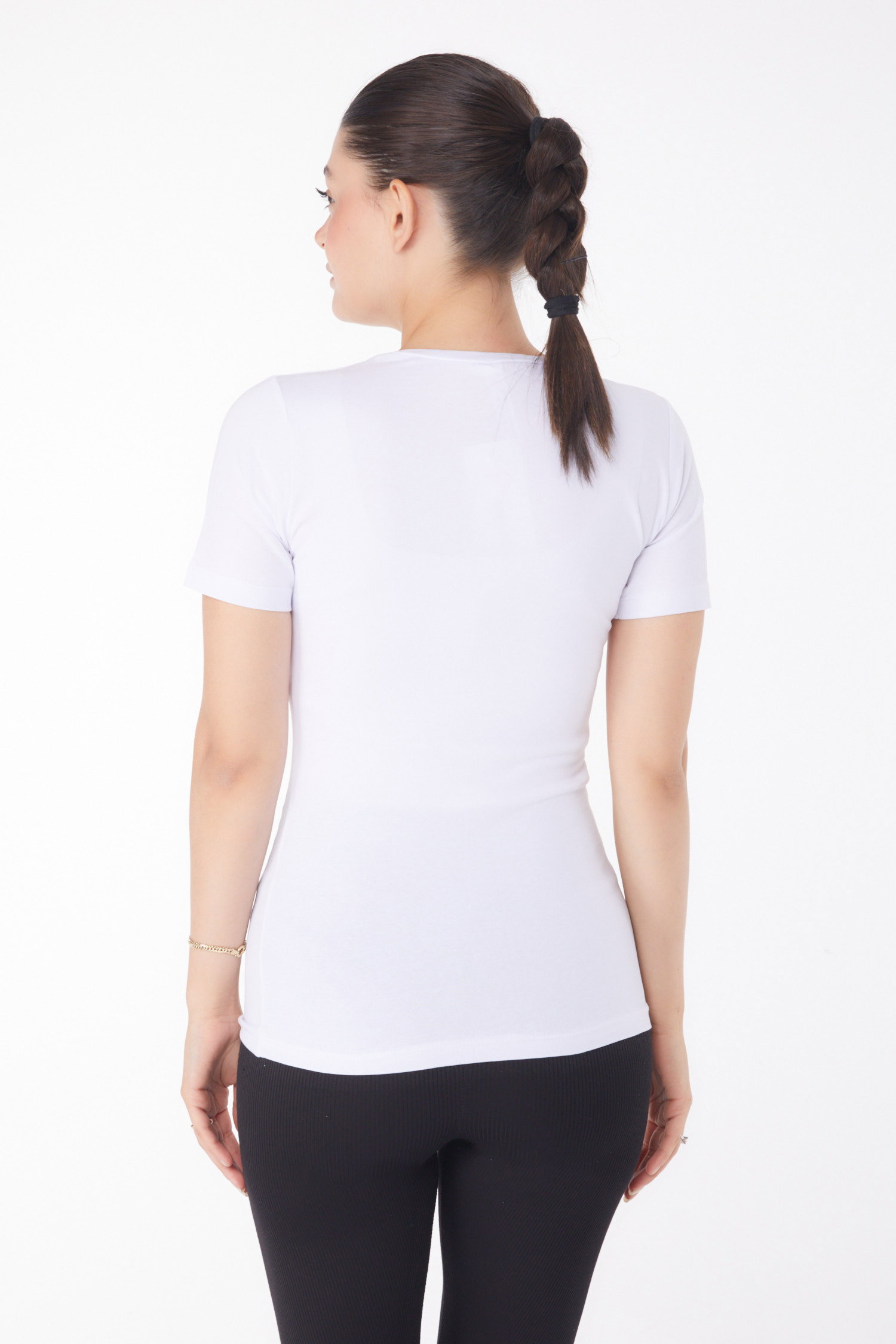 Düz Bisiklet Yaka Kadın Beyaz Kısa Kollu T-shirt - 25768 - 5