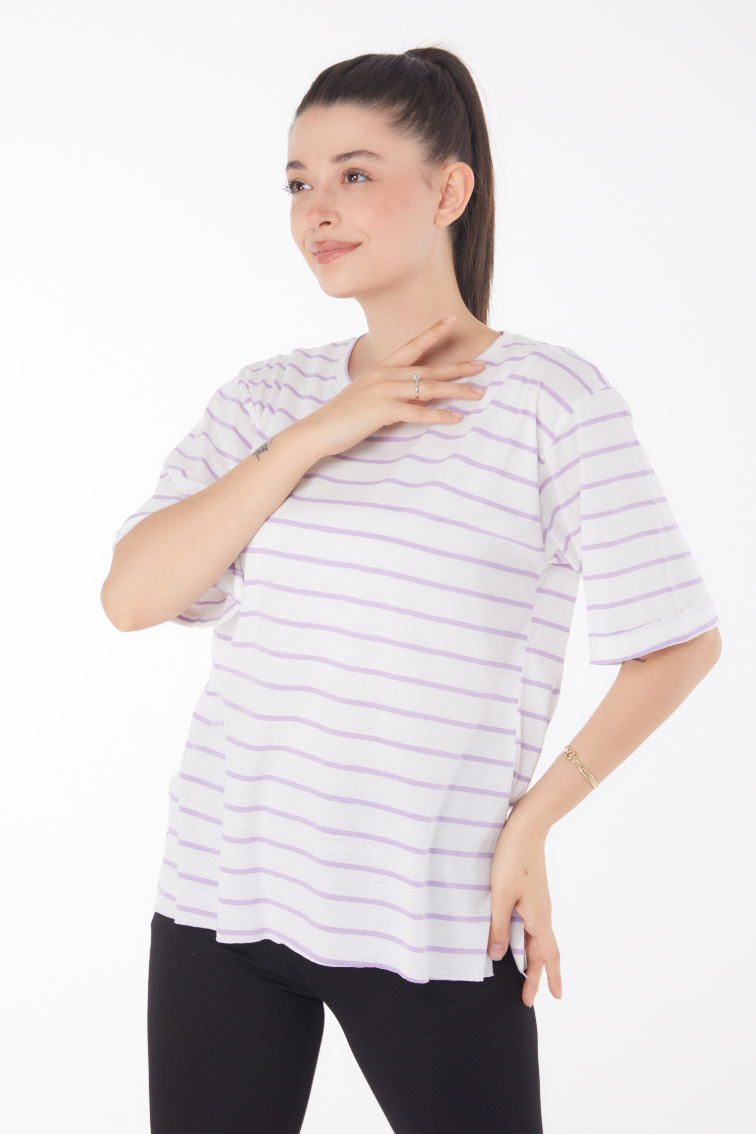 Çizgili Kısa Kollu T-shirt Beyaz Lila - 25840 - 1
