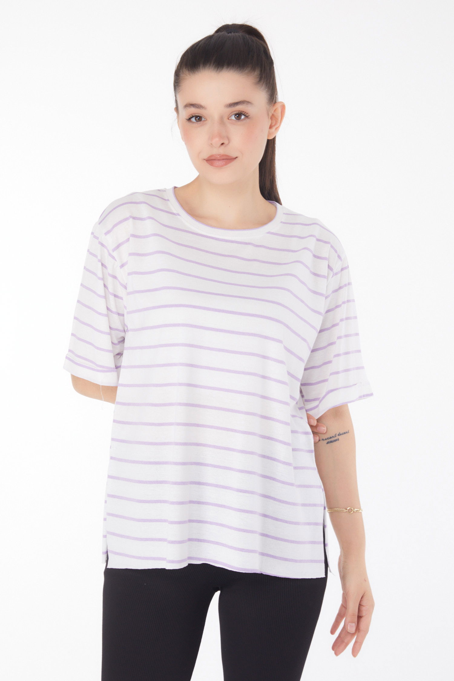 Çizgili Kısa Kollu T-shirt Beyaz Lila - 25840 - 2