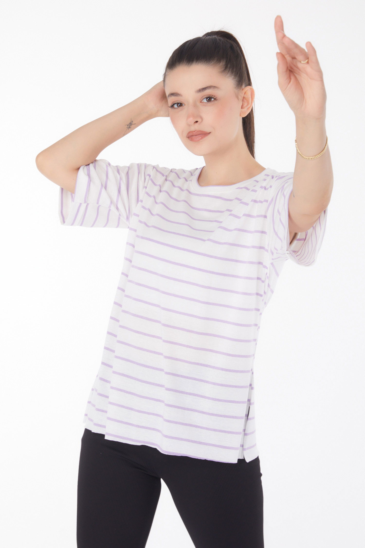 Çizgili Kısa Kollu T-shirt Beyaz Lila - 25840 - 3
