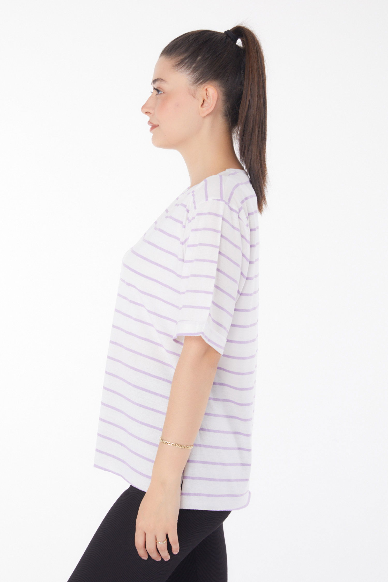 Çizgili Kısa Kollu T-shirt Beyaz Lila - 25840 - 4
