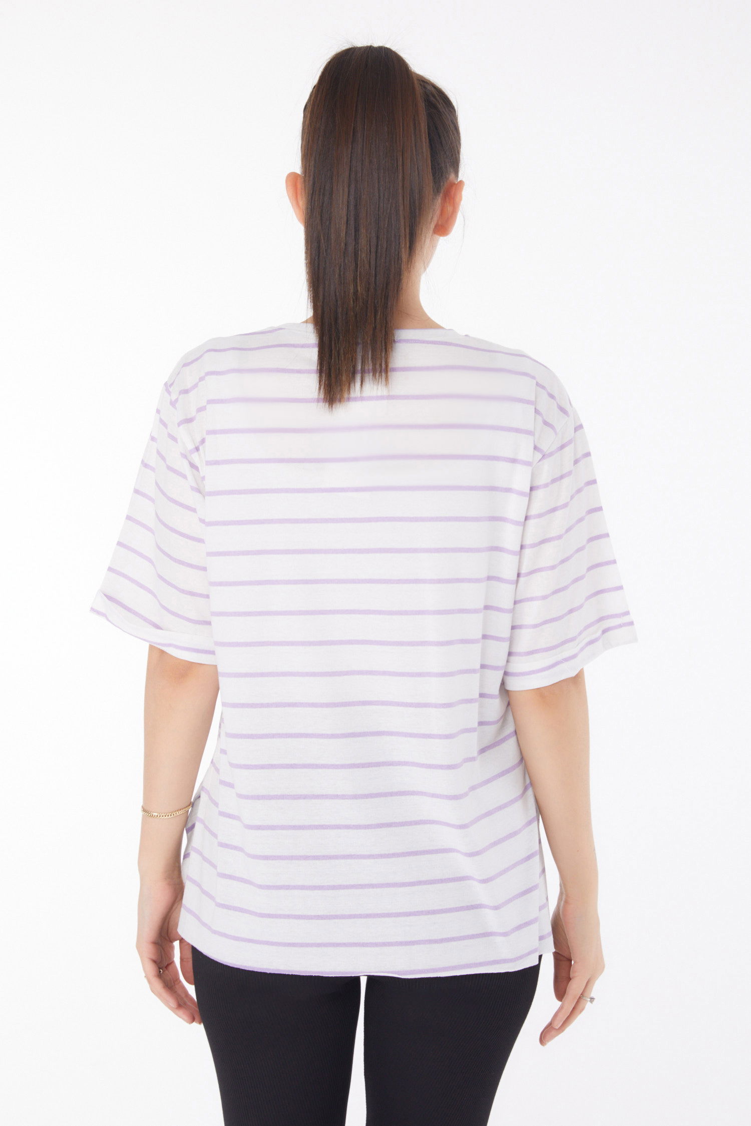 Çizgili Kısa Kollu T-shirt Beyaz Lila - 25840 - 5