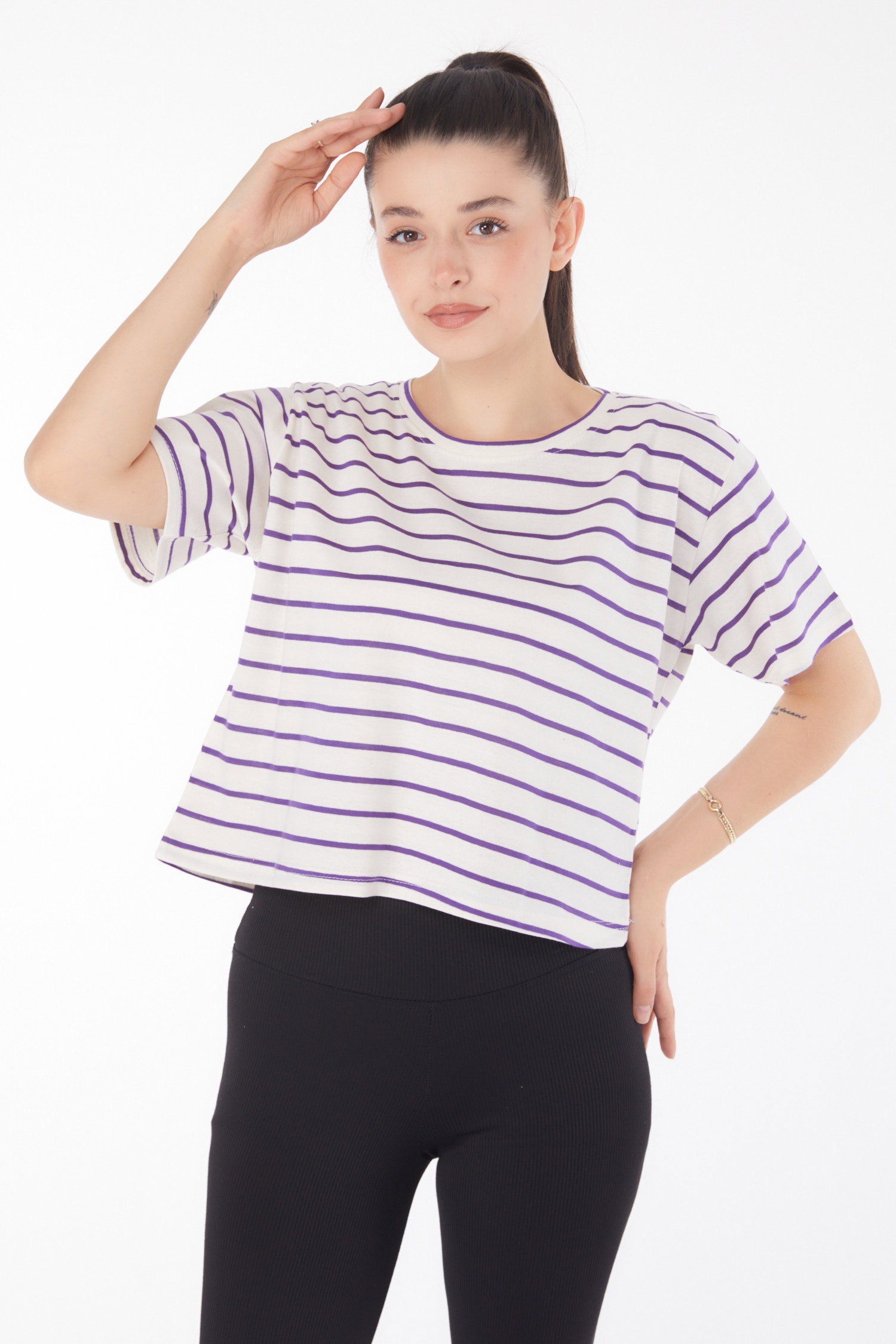 Çizgili Kısa Kollu Crop Beyaz Mor - 25842 - 1