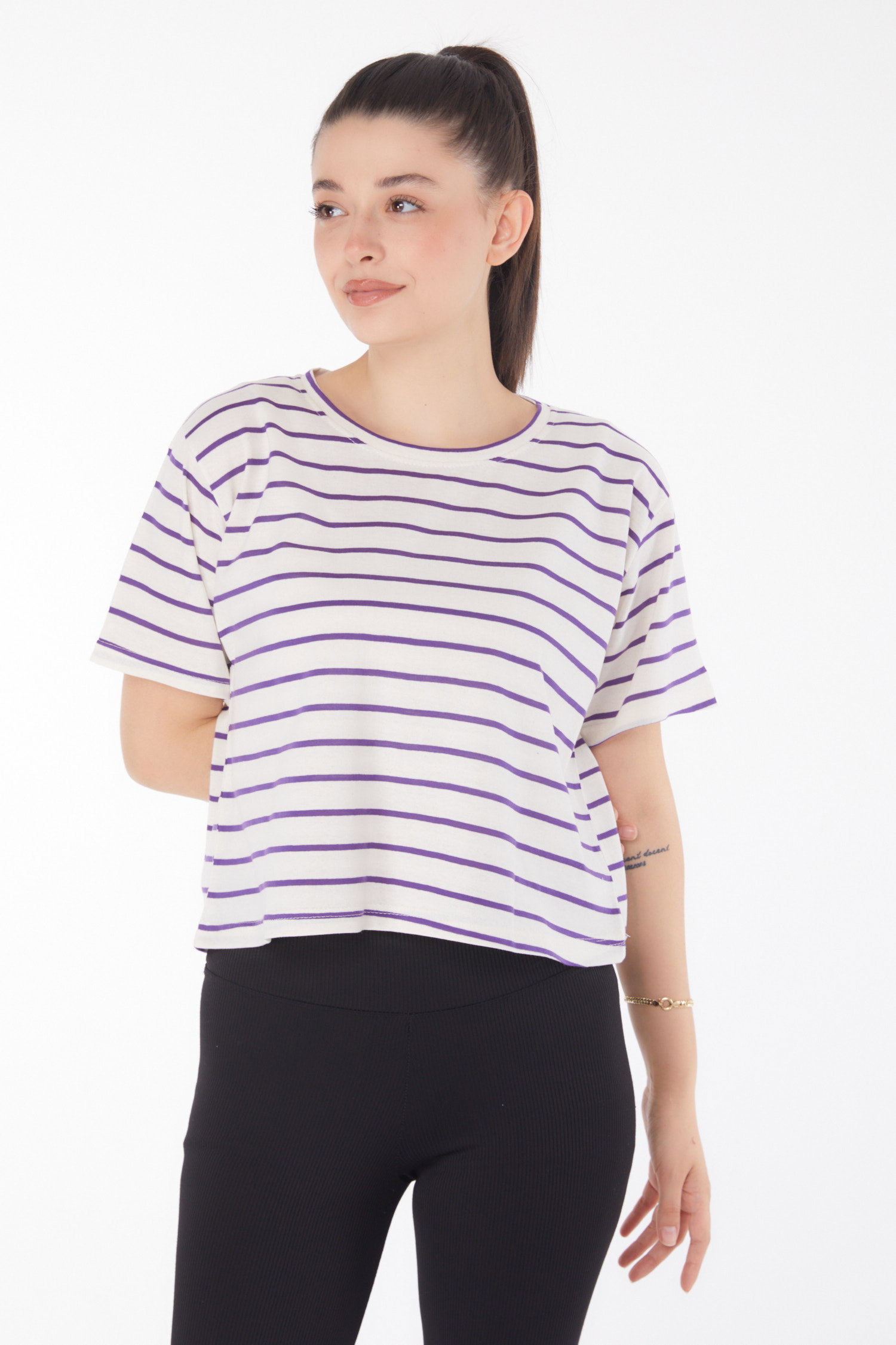 Çizgili Kısa Kollu Crop Beyaz Mor - 25842 - 2