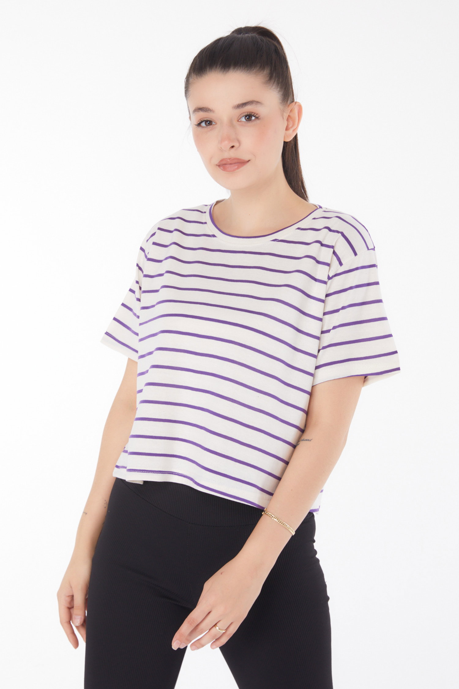 Çizgili Kısa Kollu Crop Beyaz Mor - 25842 - 3