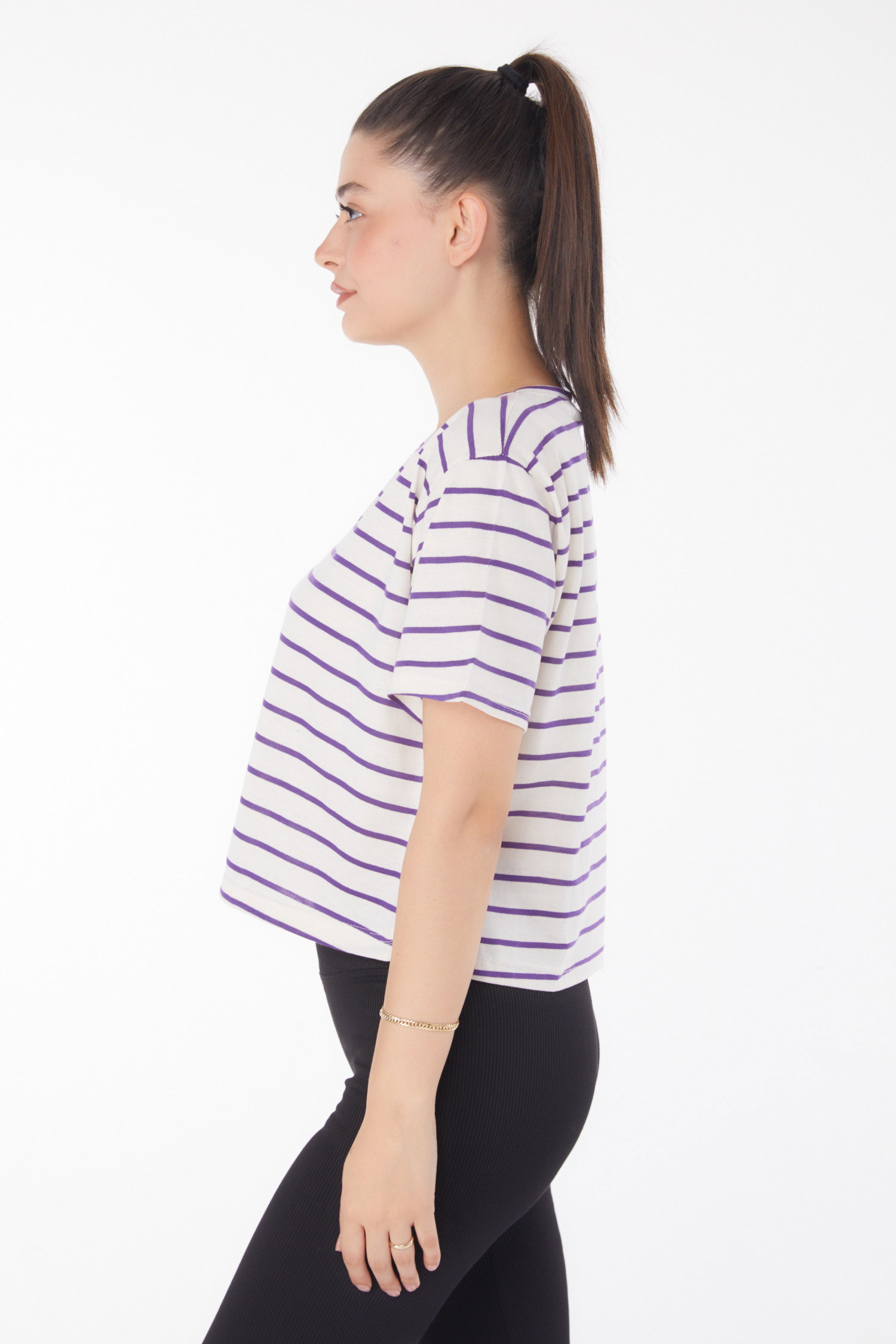 Çizgili Kısa Kollu Crop Beyaz Mor - 25842 - 4