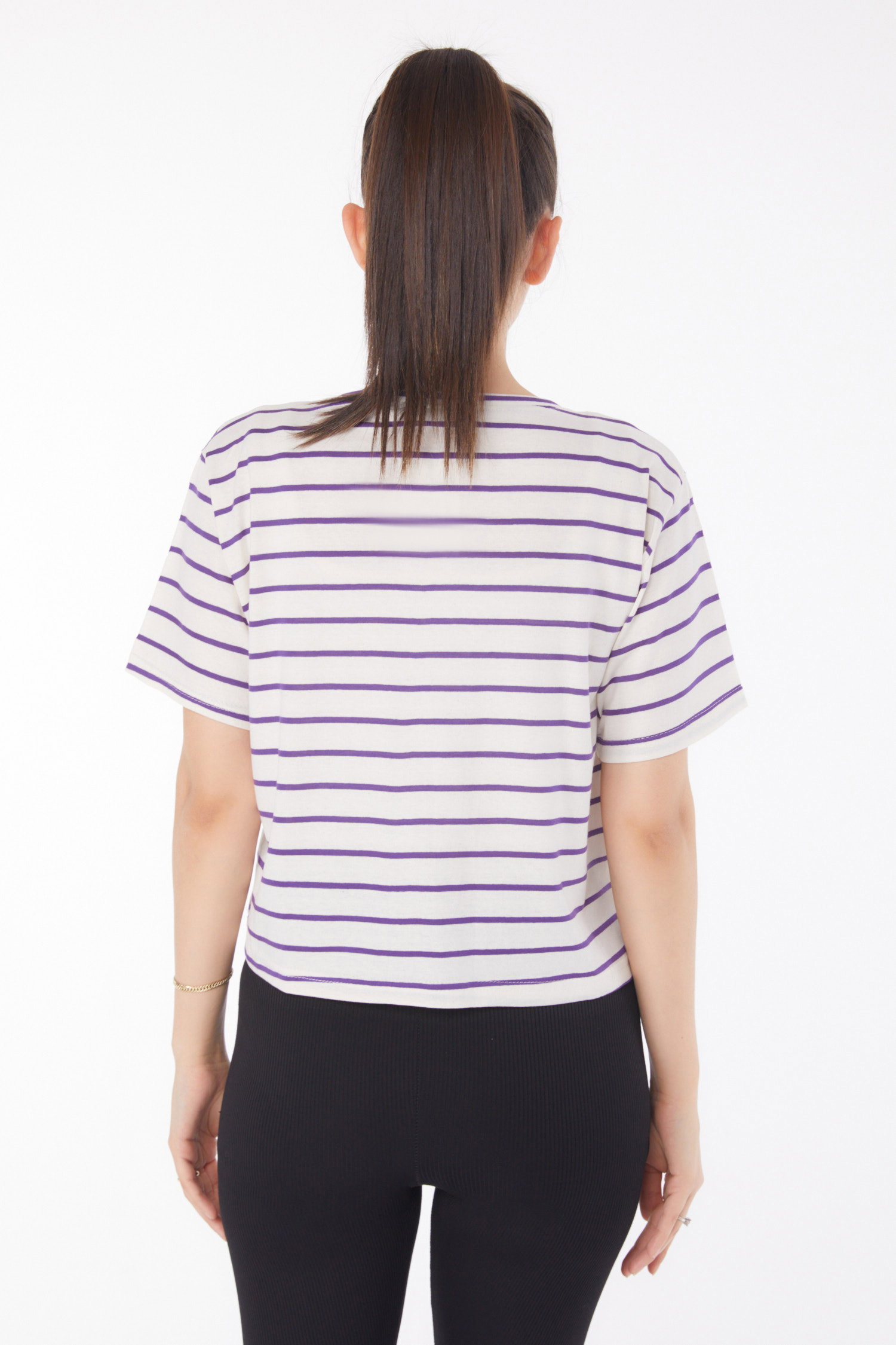 Çizgili Kısa Kollu Crop Beyaz Mor - 25842 - 5