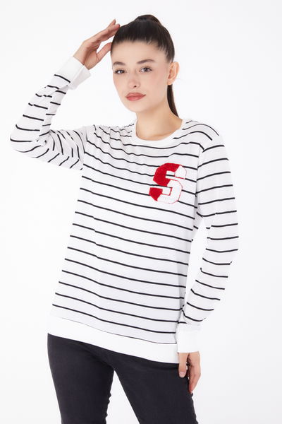 Düz Bisiklet Yaka Kadın Beyaz Nakışlı Sweatshirt - 26286 