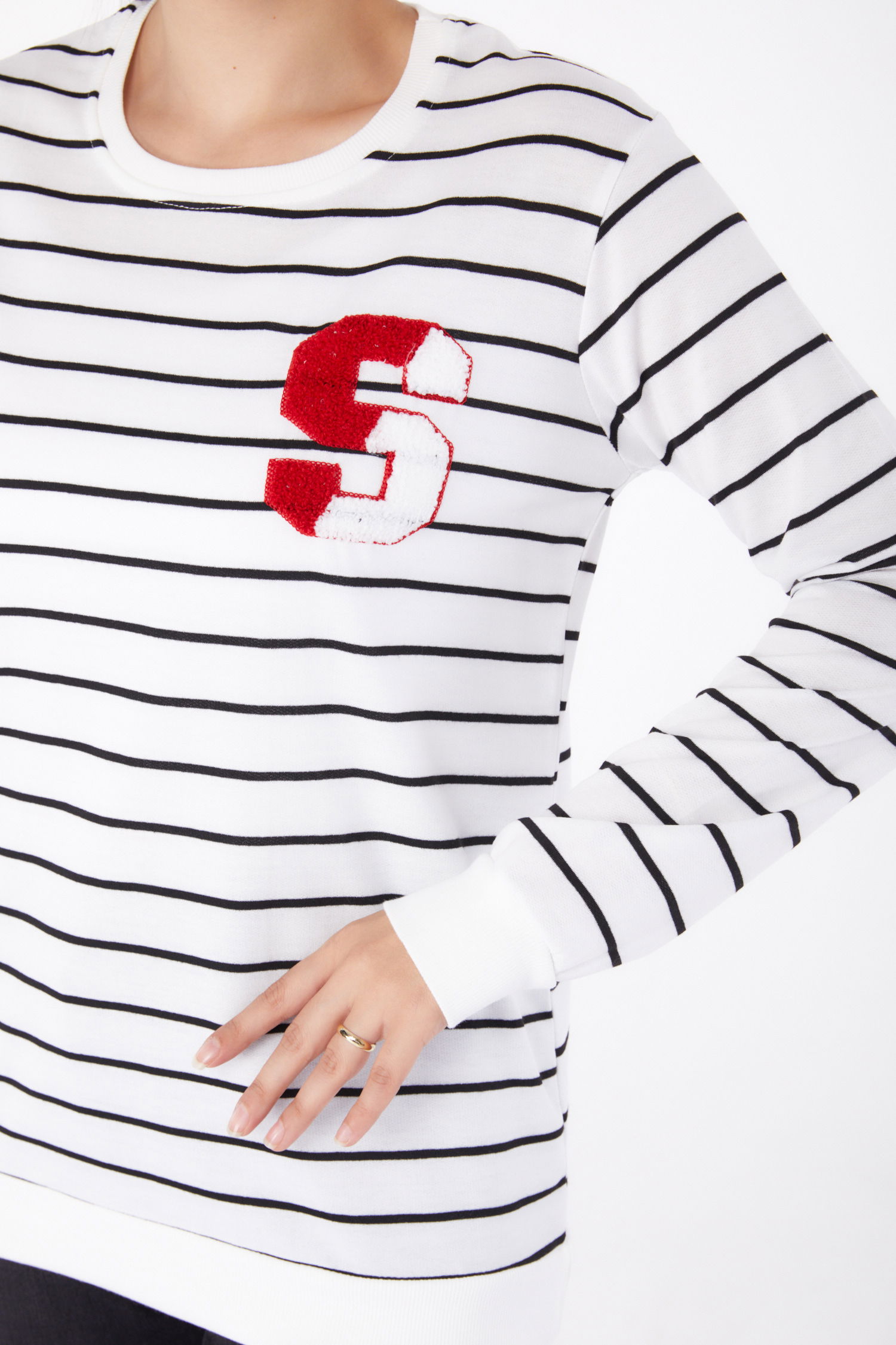Düz Bisiklet Yaka Kadın Beyaz Nakışlı Sweatshirt - 26286 - 6