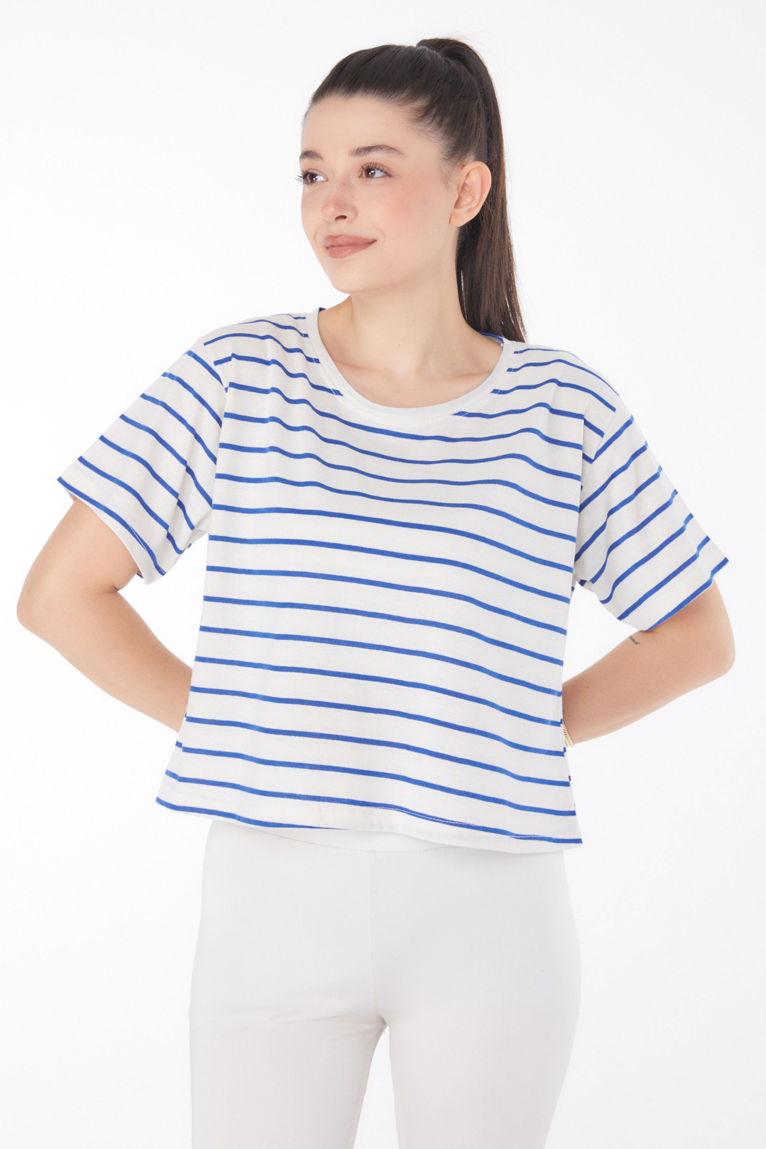 Çizgili Kısa Kollu Crop Beyaz Saks - 25842 - 1