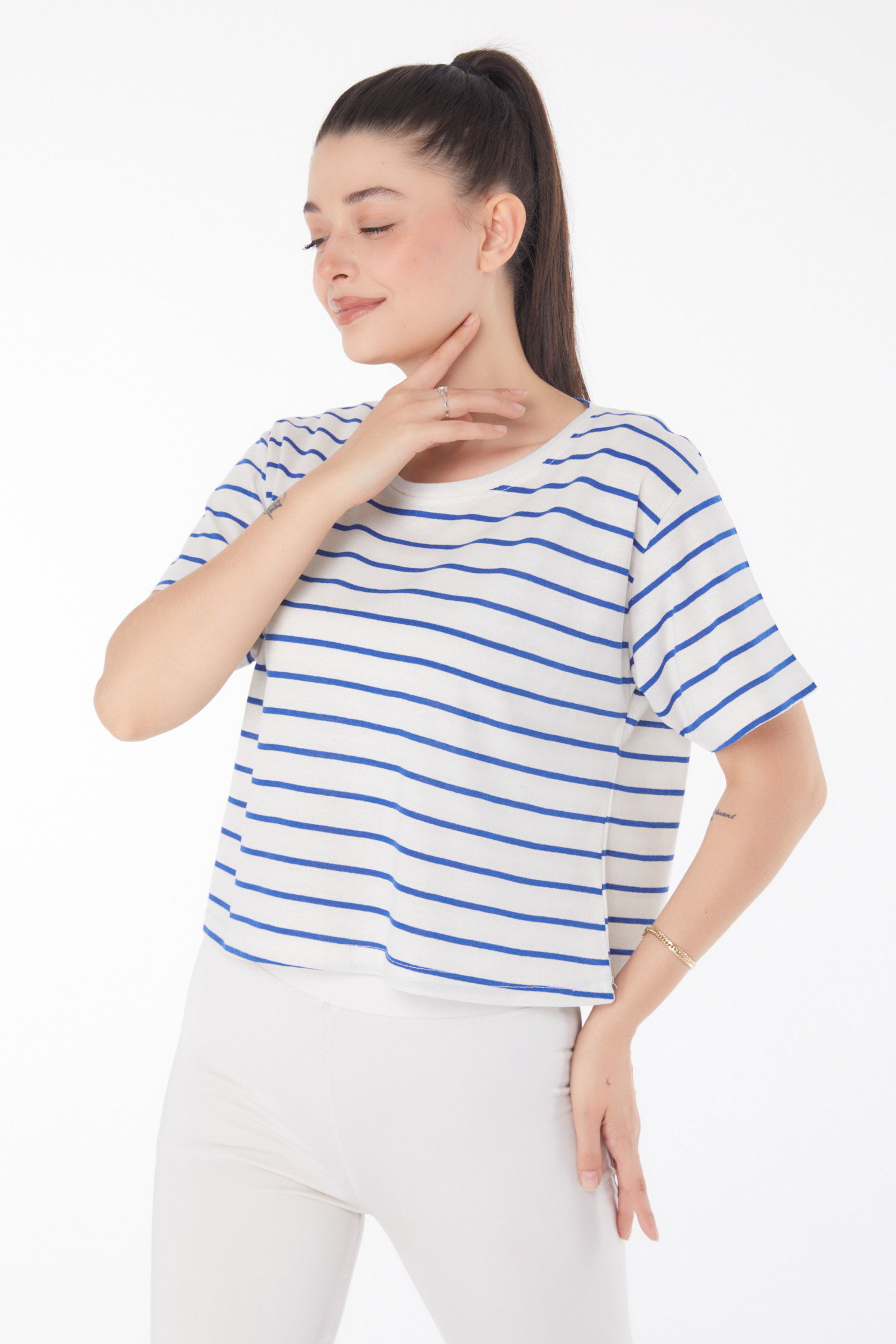 Çizgili Kısa Kollu Crop Beyaz Saks - 25842 - 3