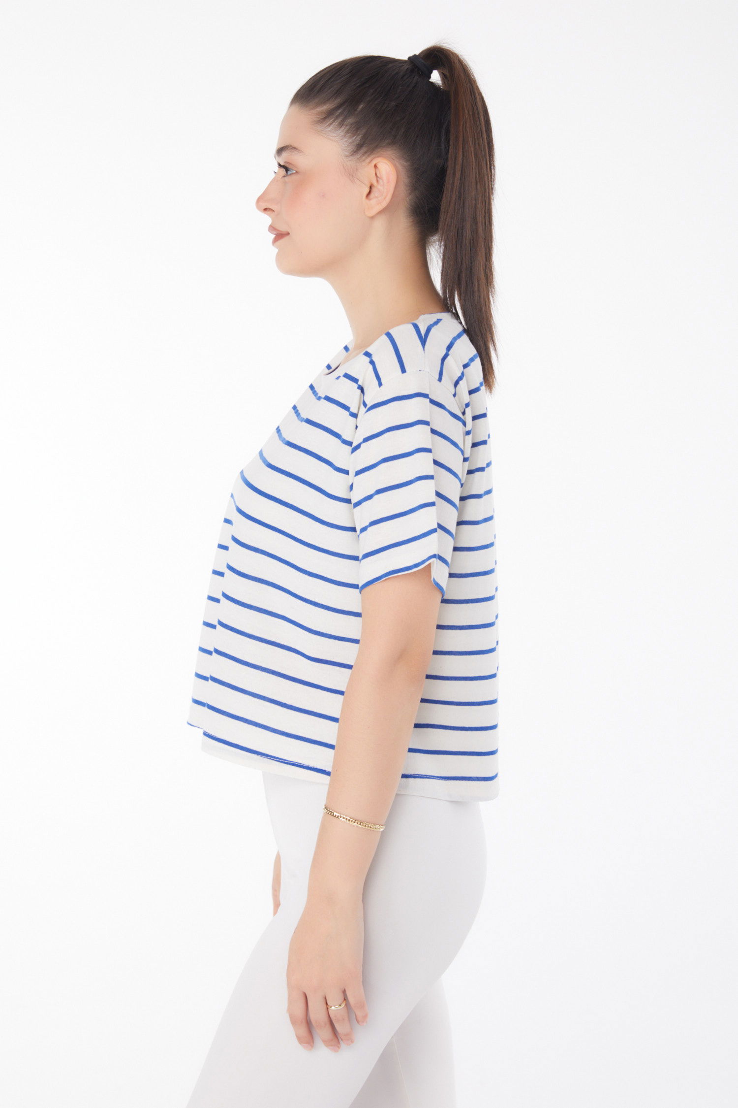Çizgili Kısa Kollu Crop Beyaz Saks - 25842 - 4