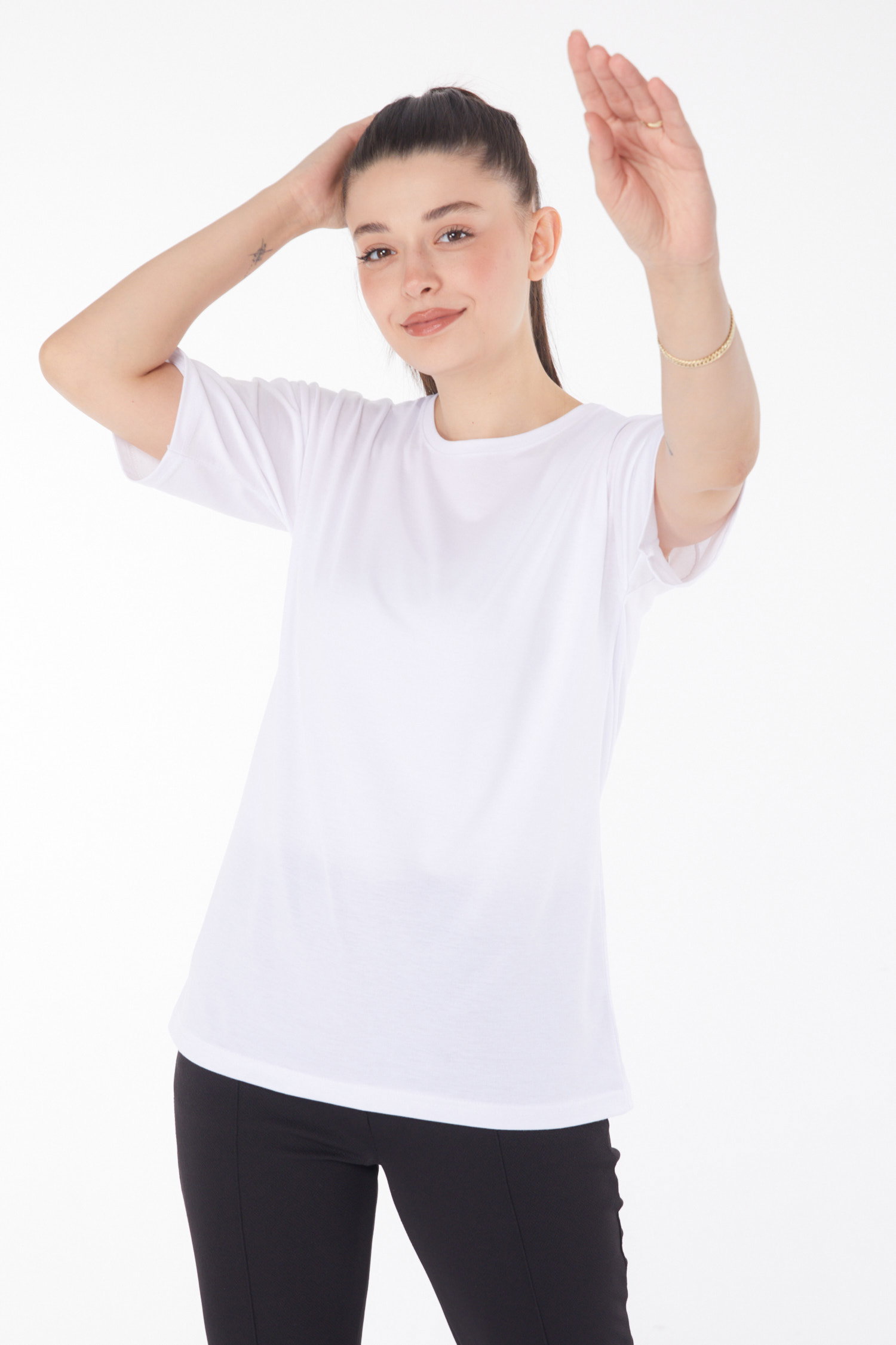 Düz Bisiklet Yaka Kadın Beyaz T-Shirt - 25849 - 3