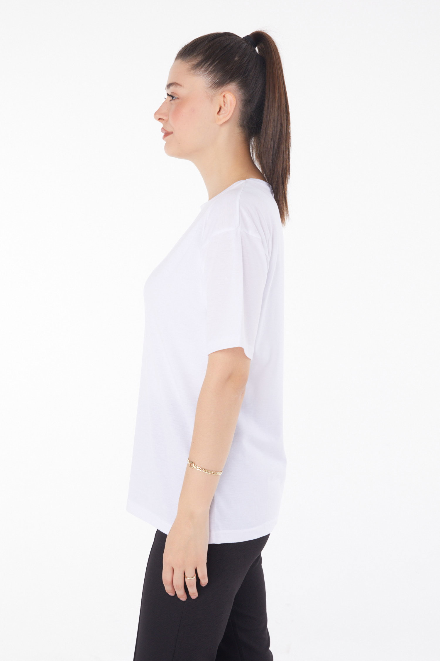 Düz Bisiklet Yaka Kadın Beyaz T-Shirt - 25849 - 4