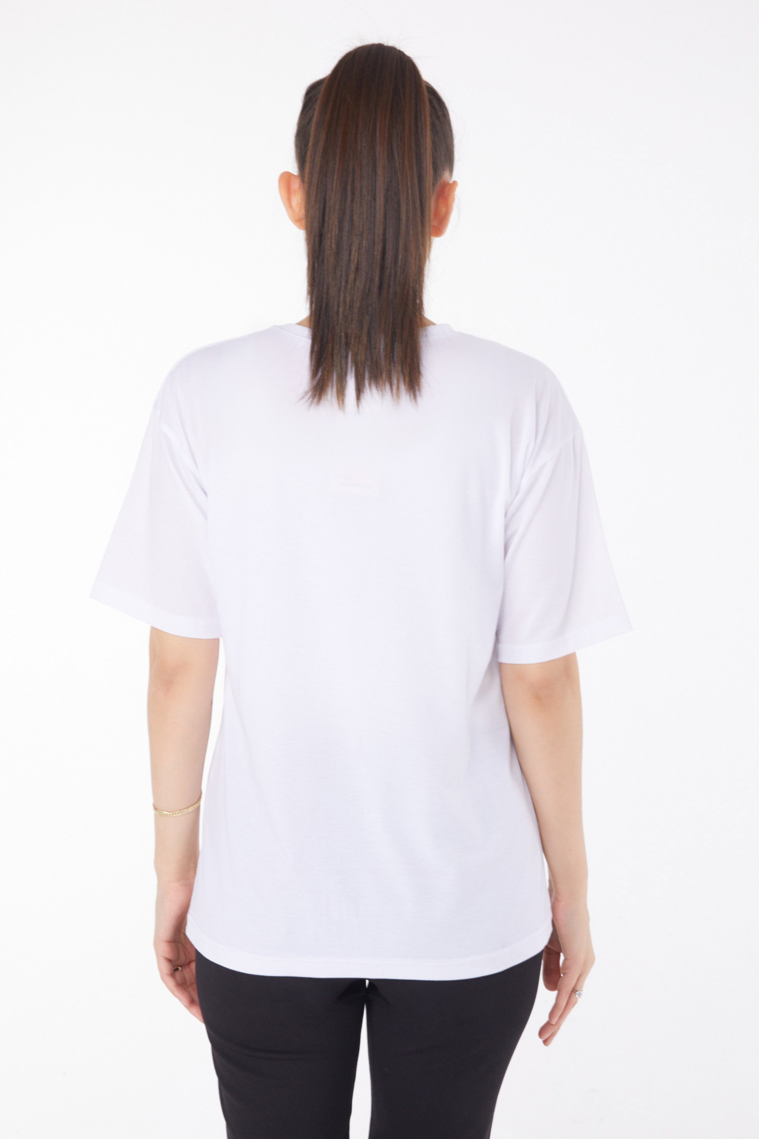 Düz Bisiklet Yaka Kadın Beyaz T-Shirt - 25849 - 5
