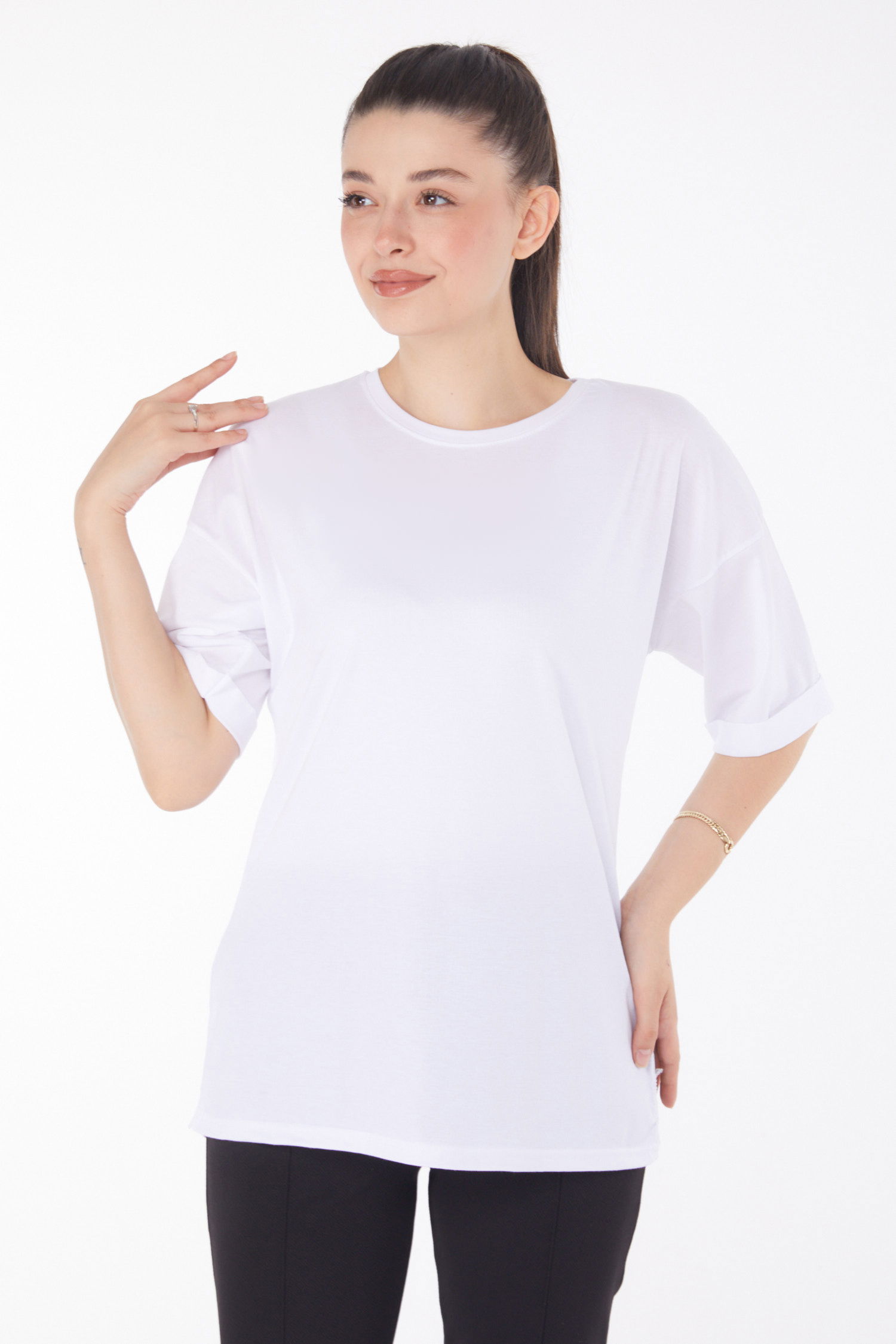 Düz Bisiklet Yaka Kadın Beyaz T-Shirt - 25850 - 1