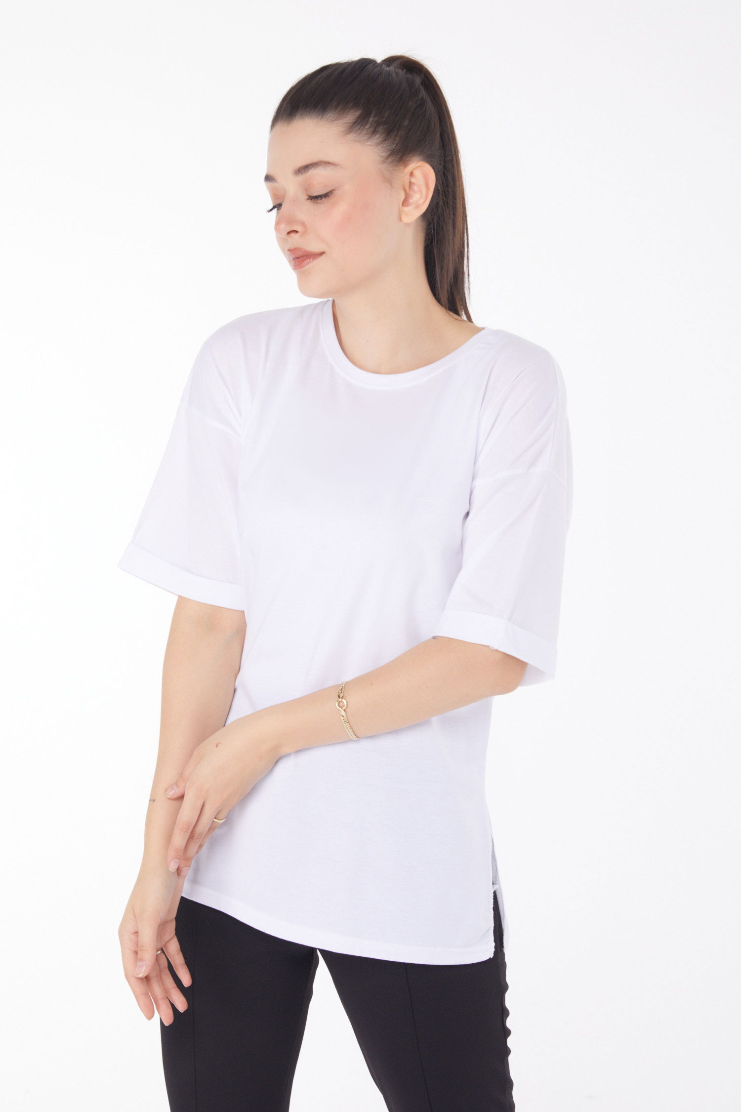 Düz Bisiklet Yaka Kadın Beyaz T-Shirt - 25850 - 3