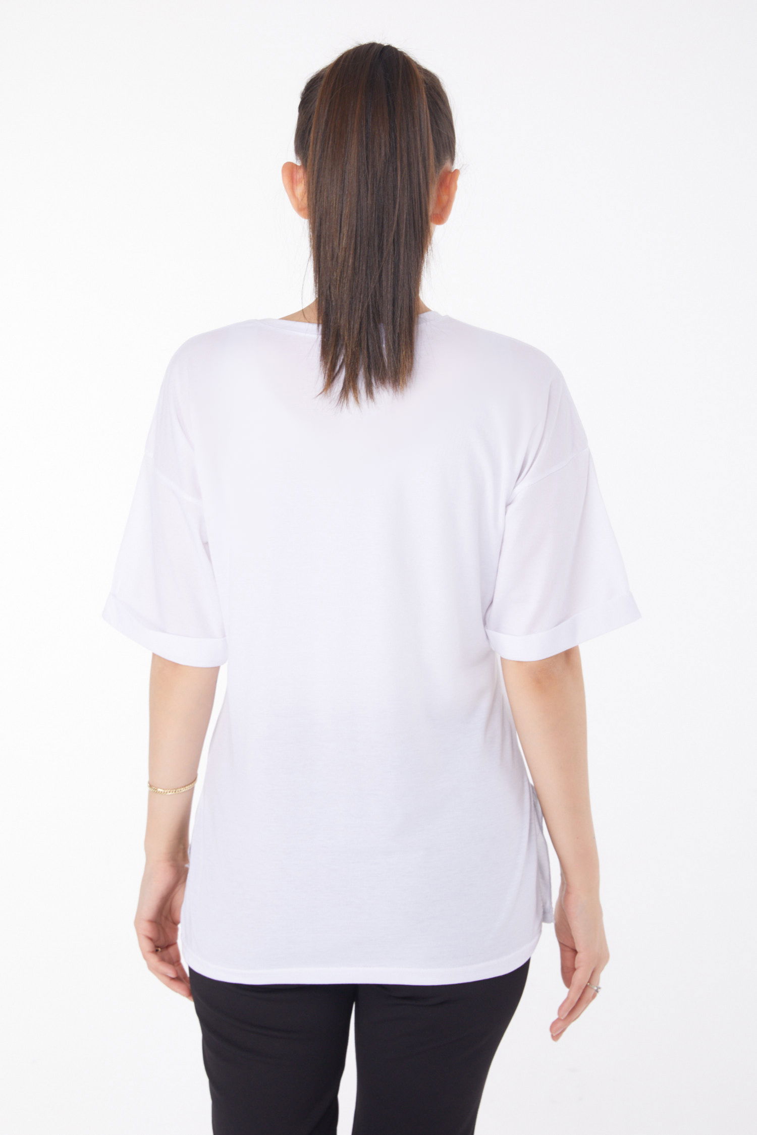 Düz Bisiklet Yaka Kadın Beyaz T-Shirt - 25850 - 5