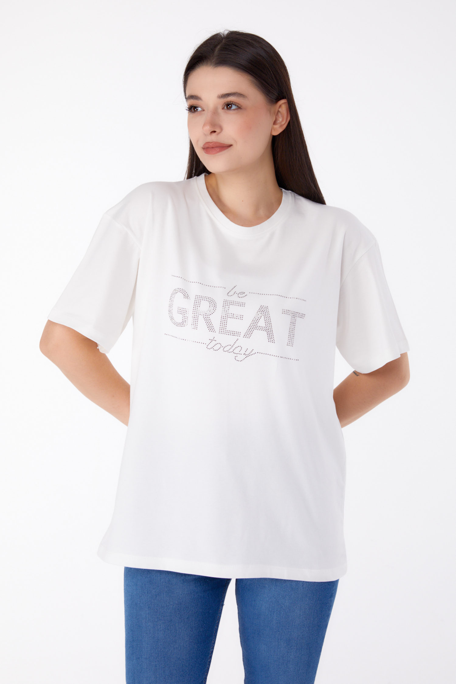 Düz Bisiklet Yaka Kadın Beyaz Taşlı T-shirt