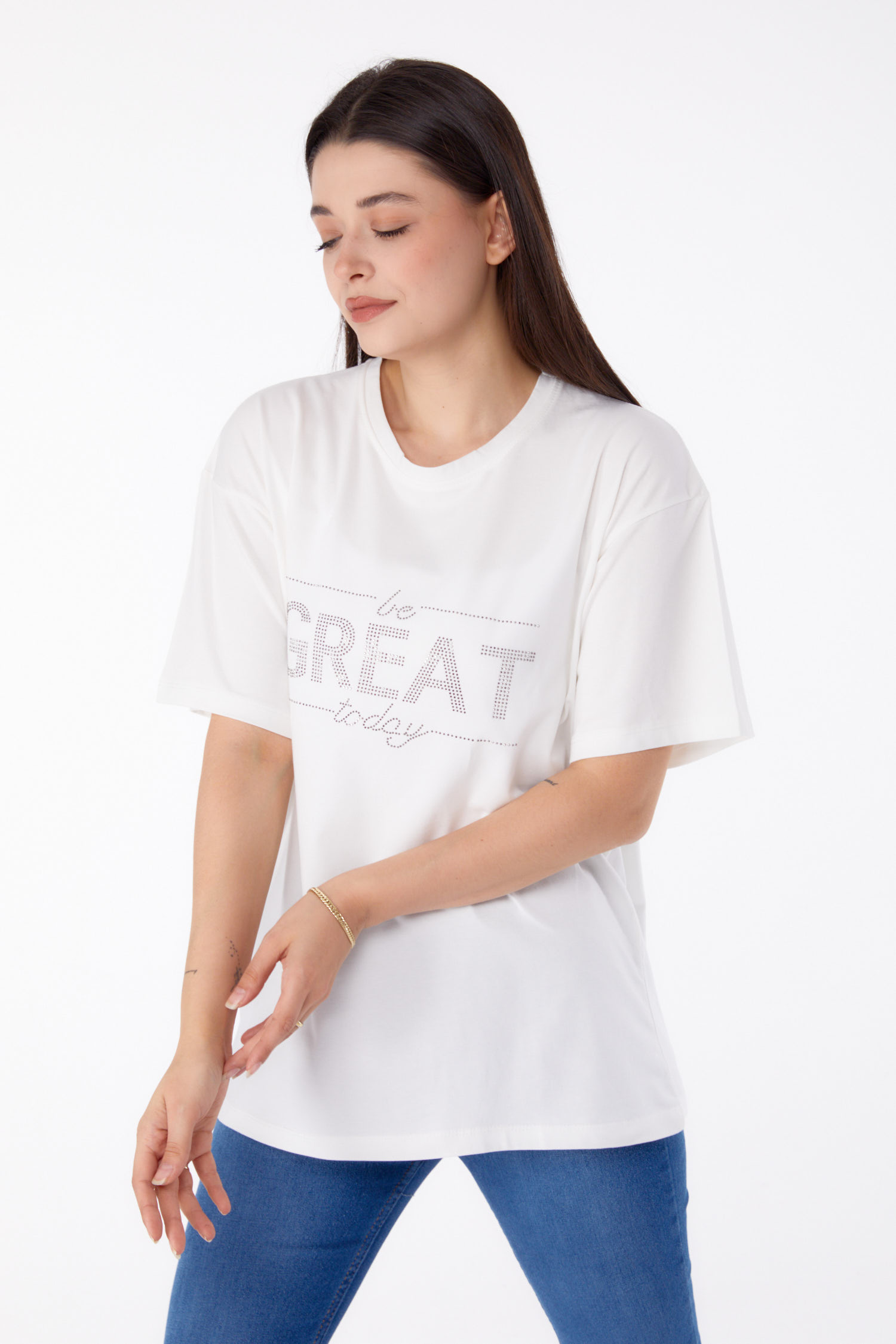 Düz Bisiklet Yaka Kadın Beyaz Taşlı T-shirt