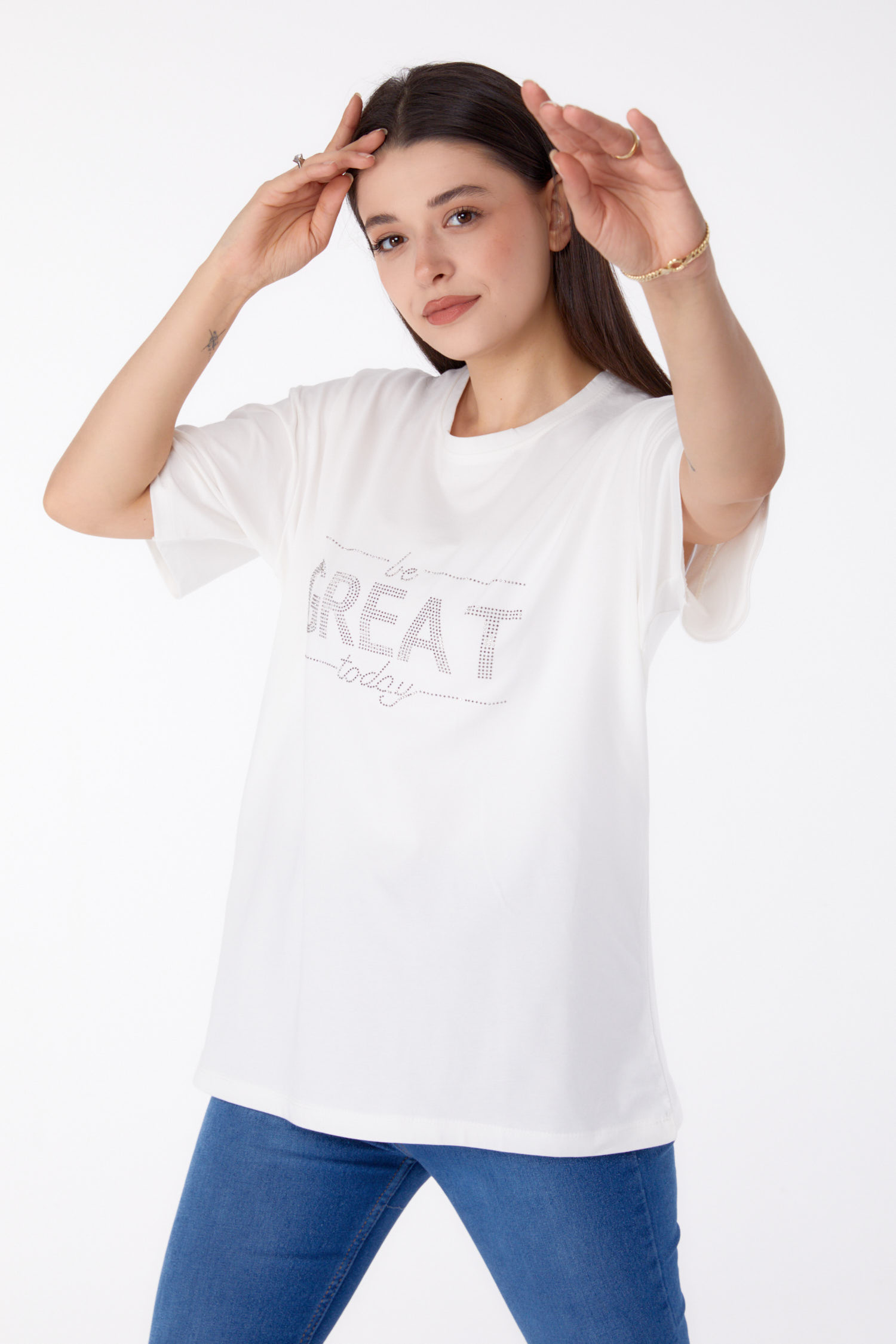 Düz Bisiklet Yaka Kadın Beyaz Taşlı T-shirt