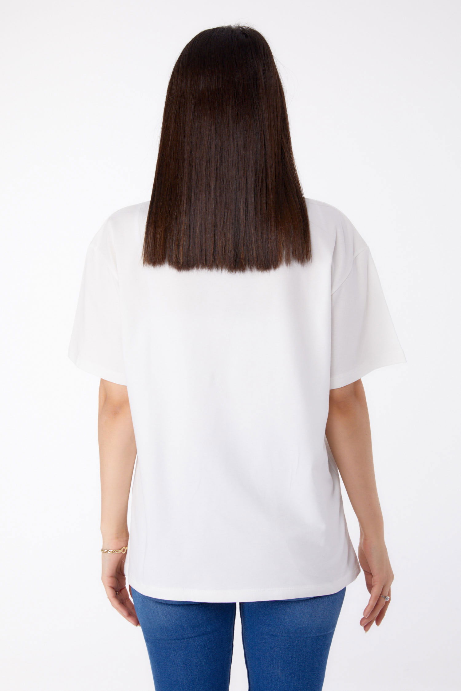 Düz Bisiklet Yaka Kadın Beyaz Taşlı T-shirt