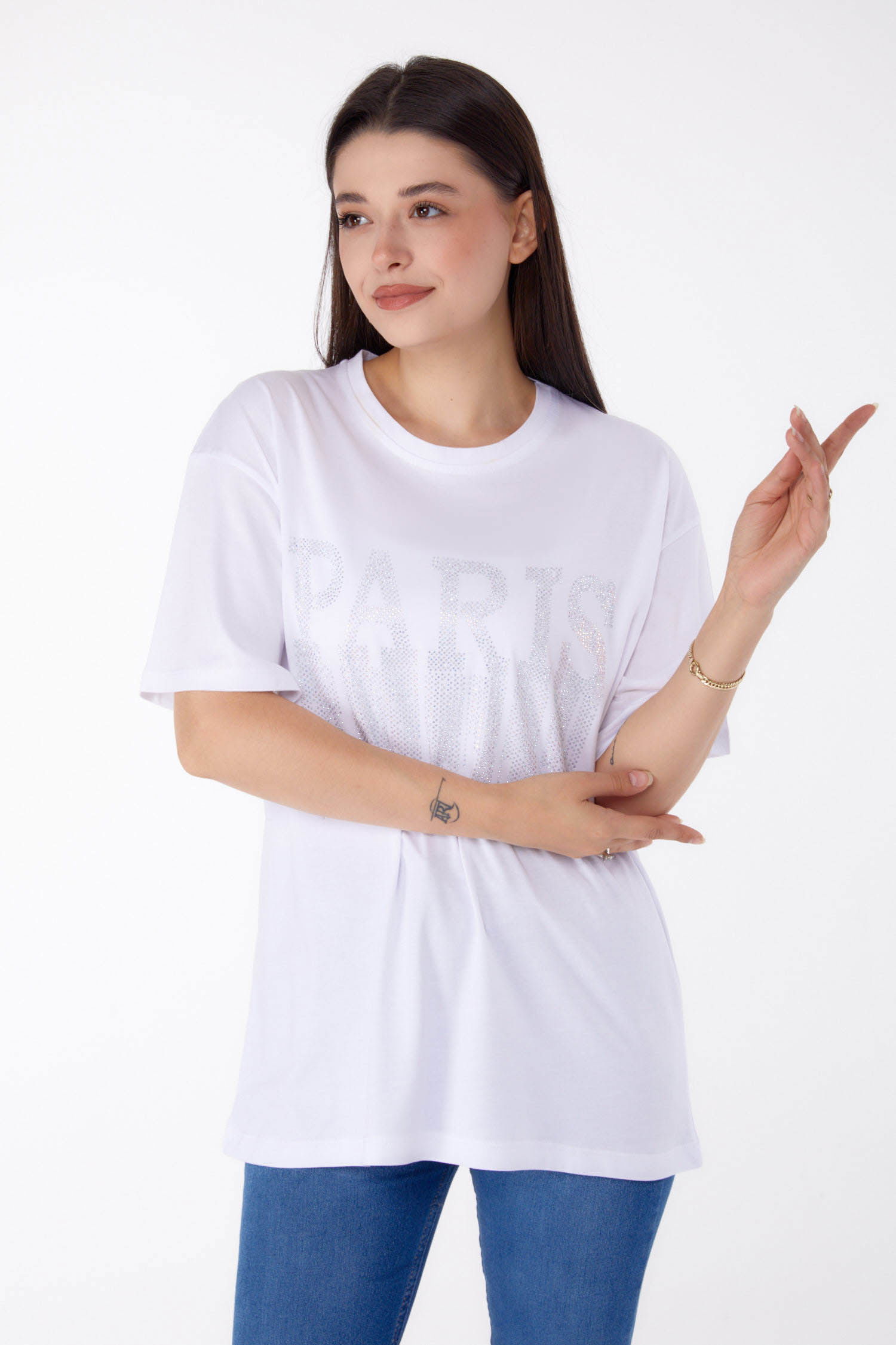 Taşlı T-shirt Beyaz - 25698 - 1