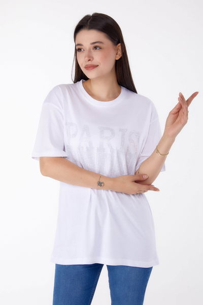 Taşlı T-shirt Beyaz - 25698 